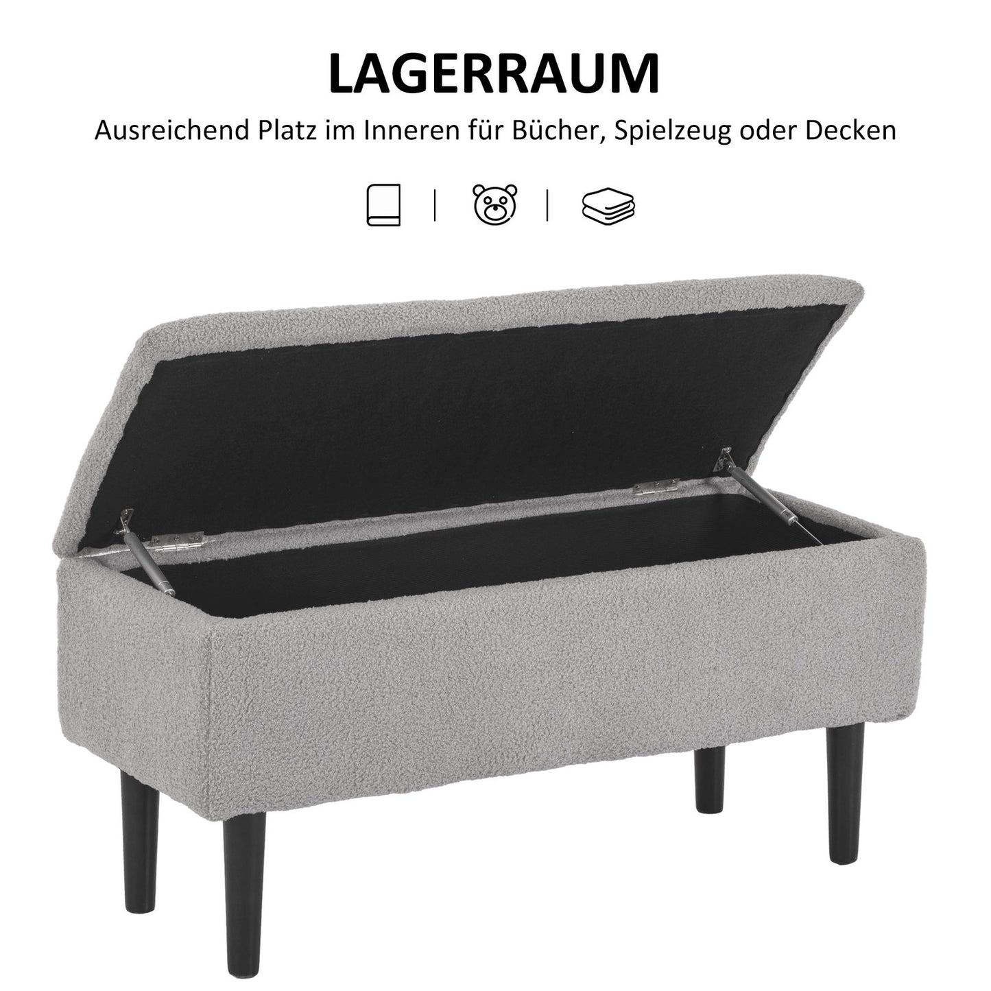 Gray upholstered storage bench with hinged lid, 95 x 38 x 45 cm