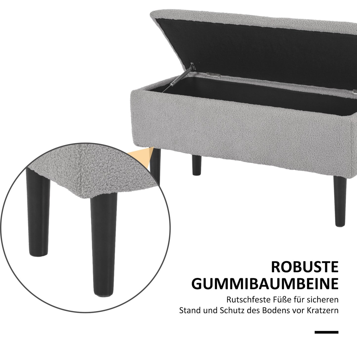 Gray upholstered storage bench with hinged lid, 95 x 38 x 45 cm