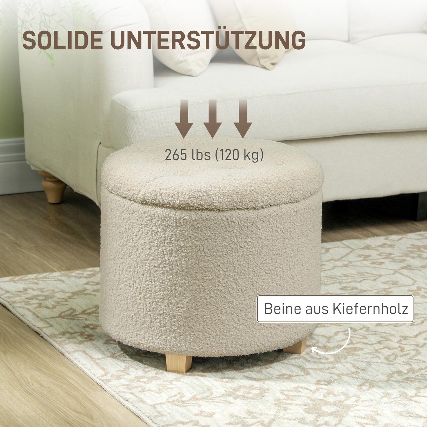 Upholstered storage bench, wooden frame, cream white