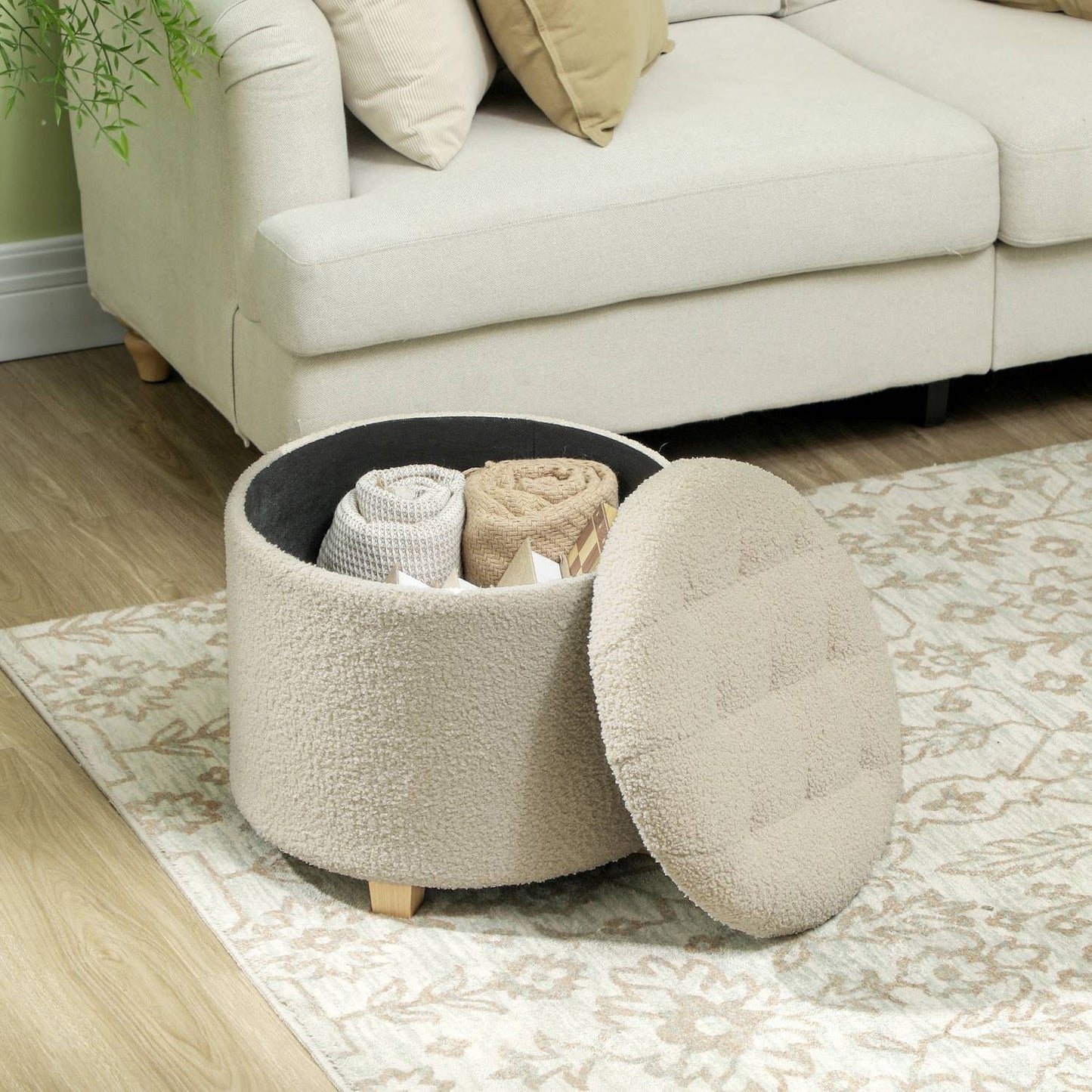Upholstered storage bench, wooden frame, cream white
