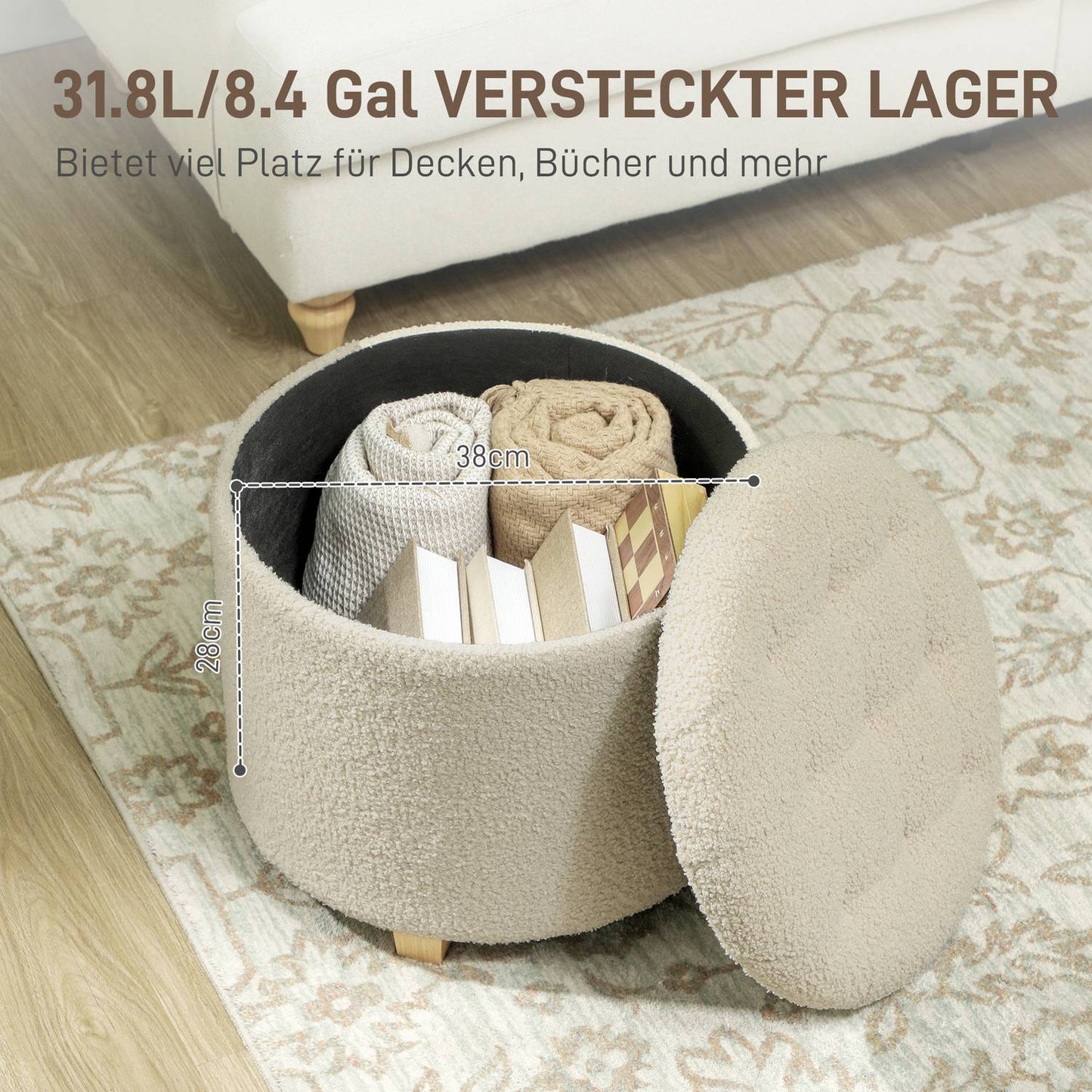 Upholstered storage bench, wooden frame, cream white
