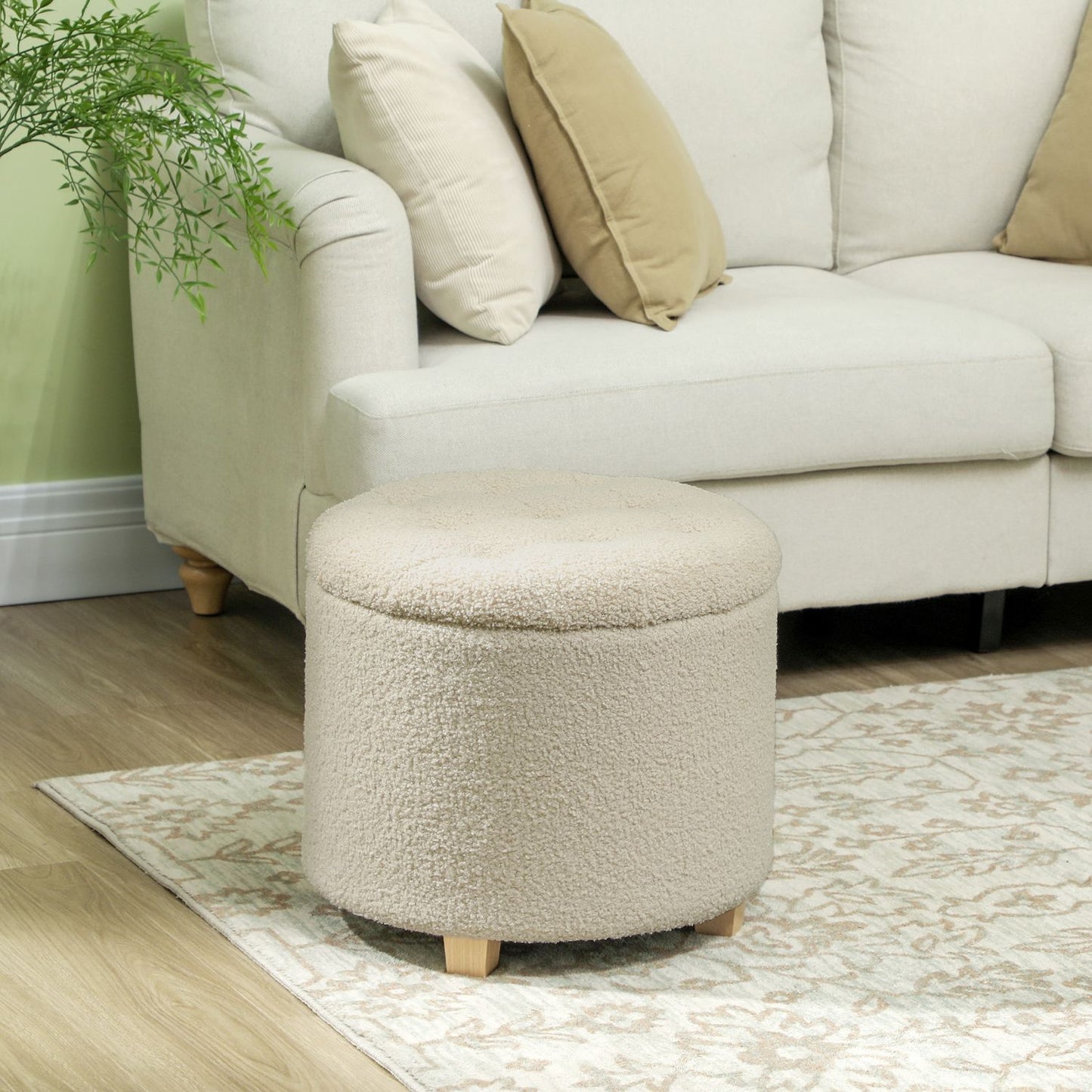 Upholstered storage bench, wooden frame, cream white