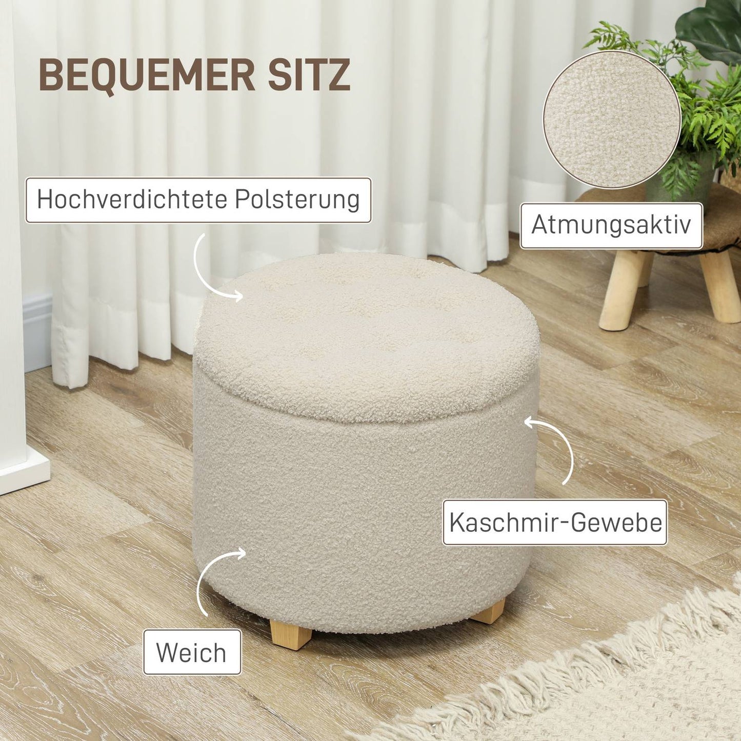 Upholstered storage bench, wooden frame, cream white
