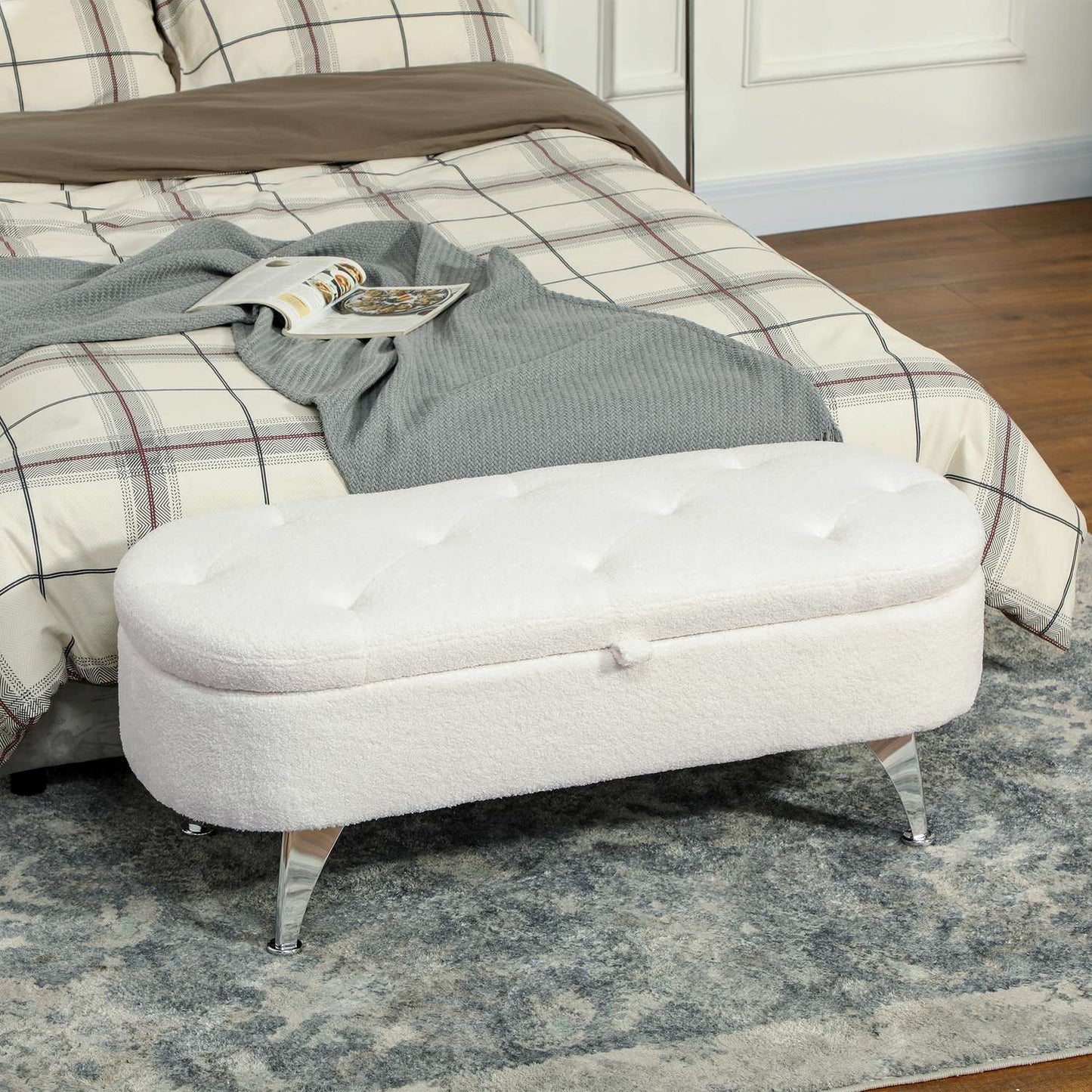 Storage bench with lid, white velvet, metal frame, 114cm