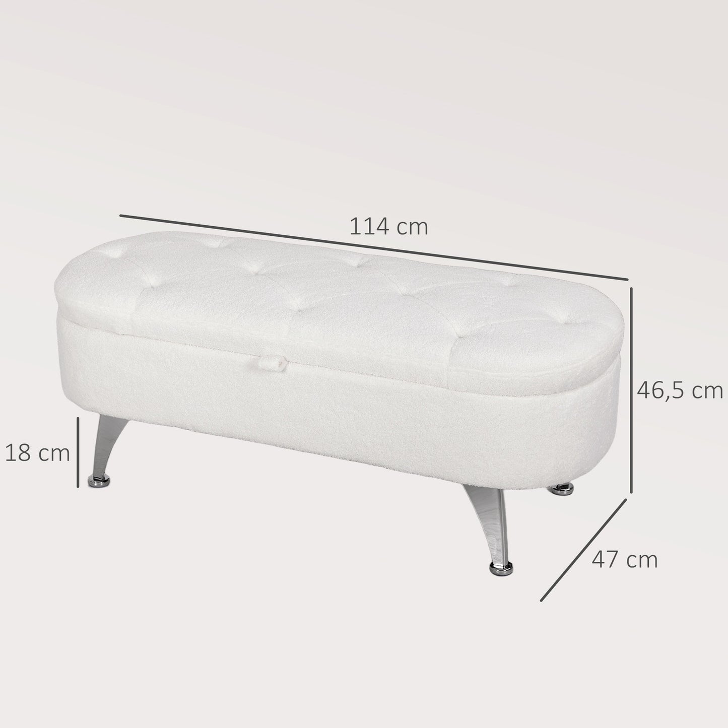Storage bench with lid, white velvet, metal frame, 114cm