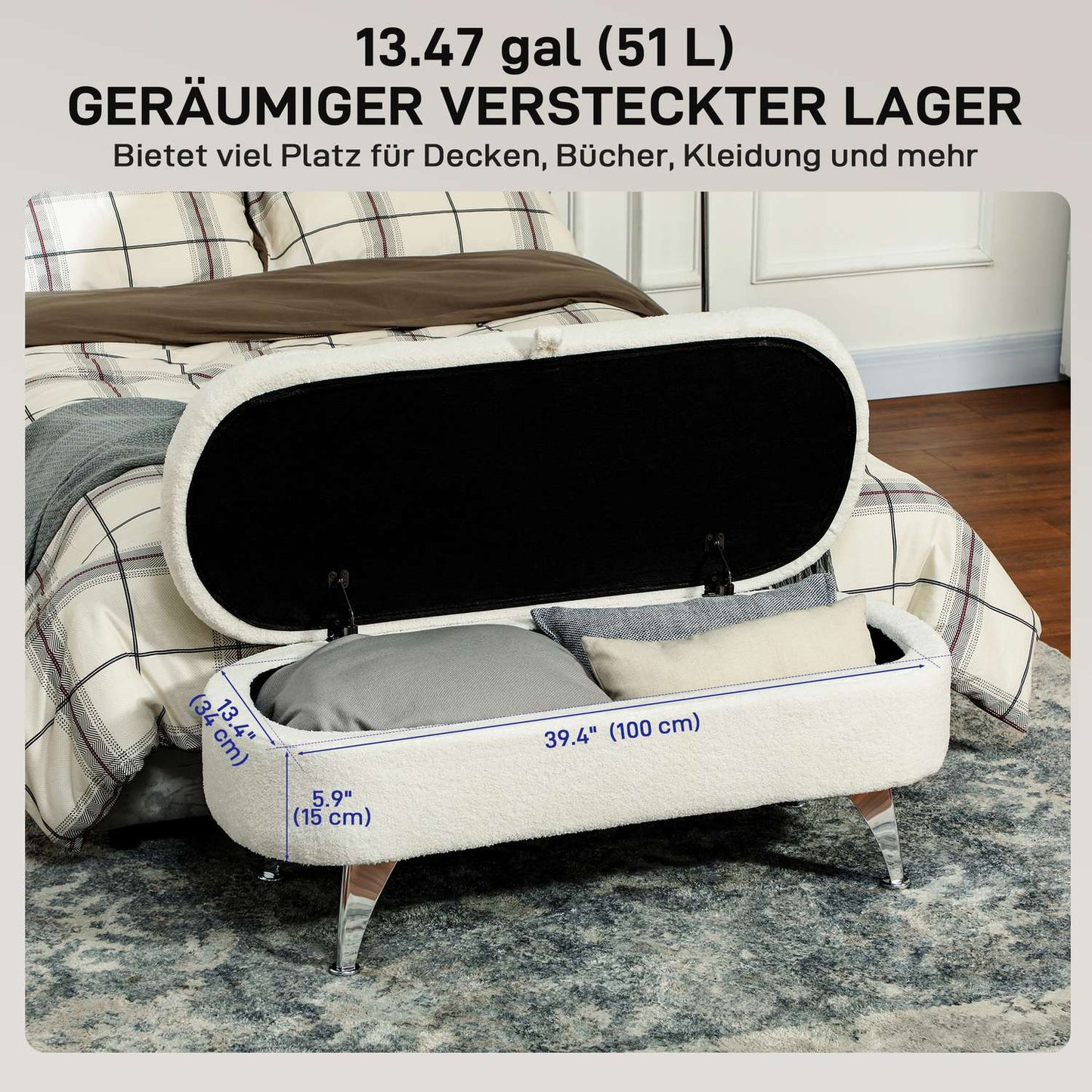 Storage bench with lid, white velvet, metal frame, 114cm