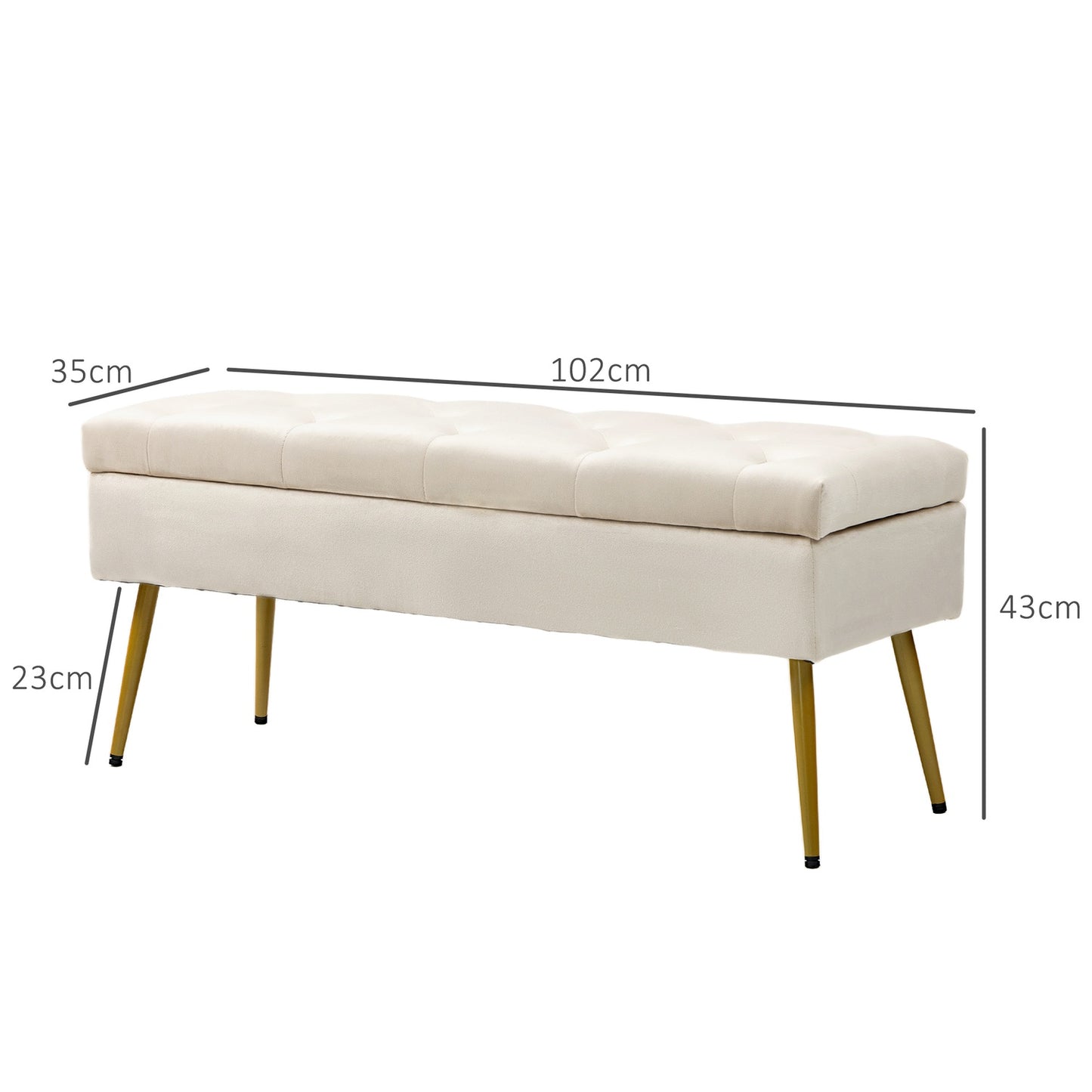 Upholstered storage bench, velvet look, beige, 102 x 35 x 43 cm