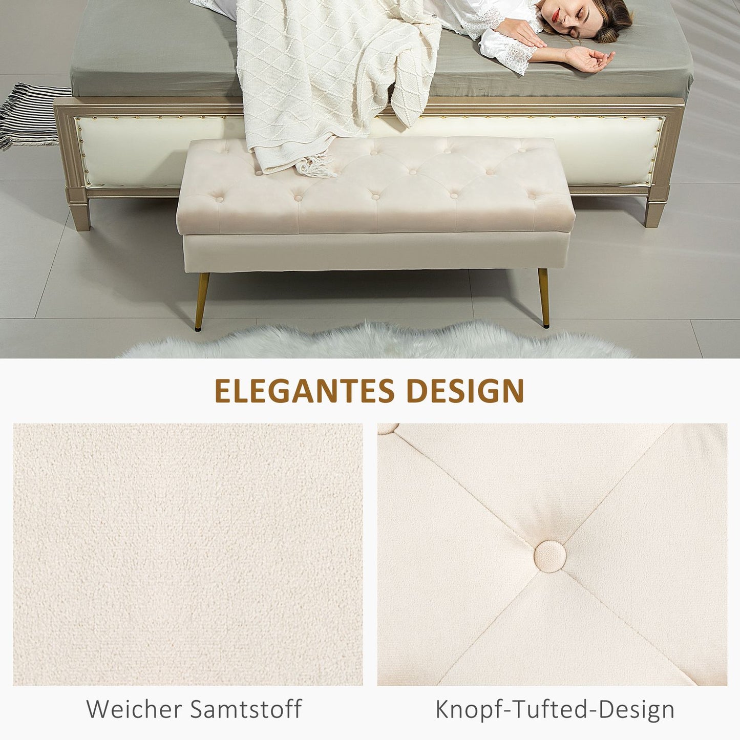 Upholstered storage bench, velvet look, beige, 102 x 35 x 43 cm