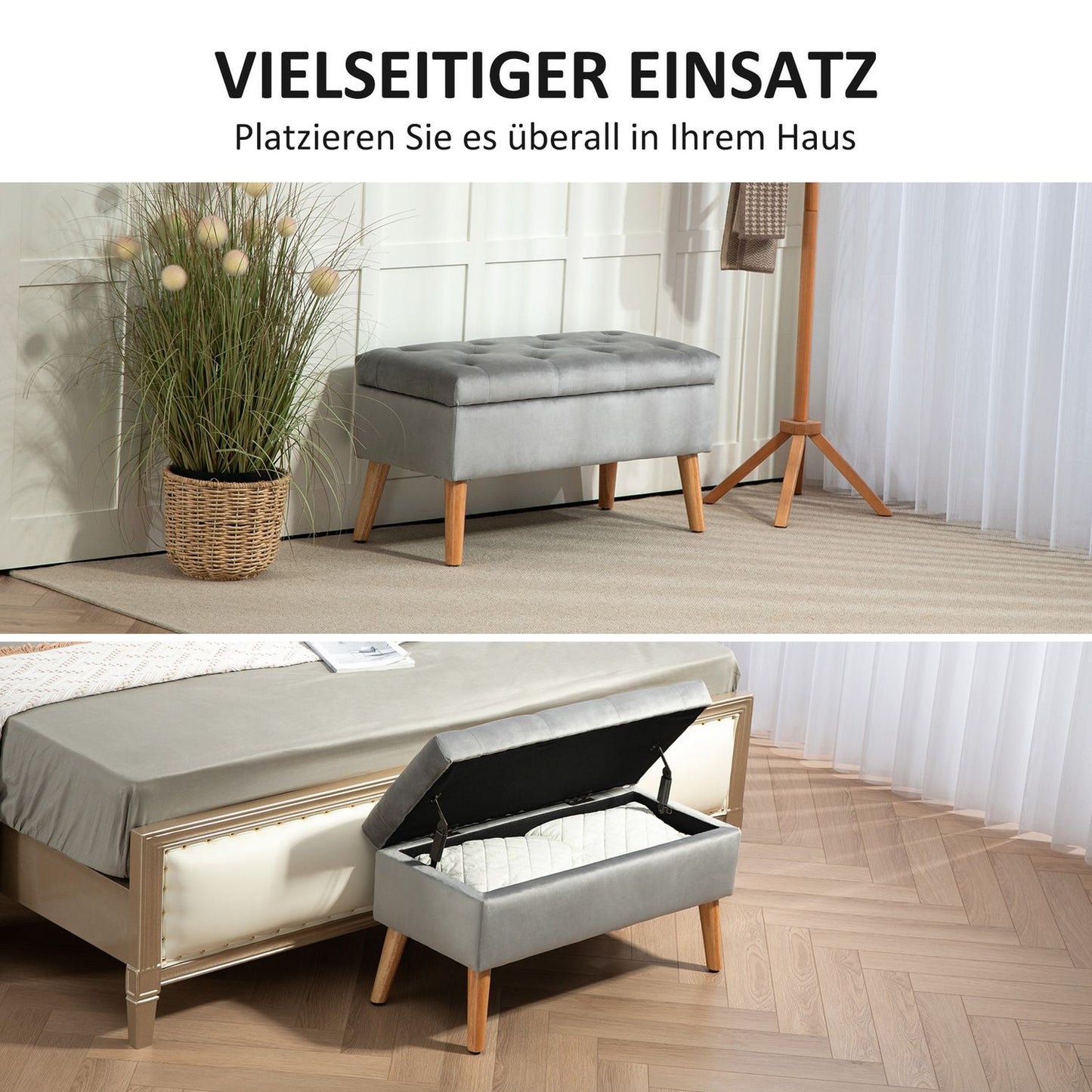 Storage bench with lid, Gray Velvet Look, 102 x 35 x 43 cm