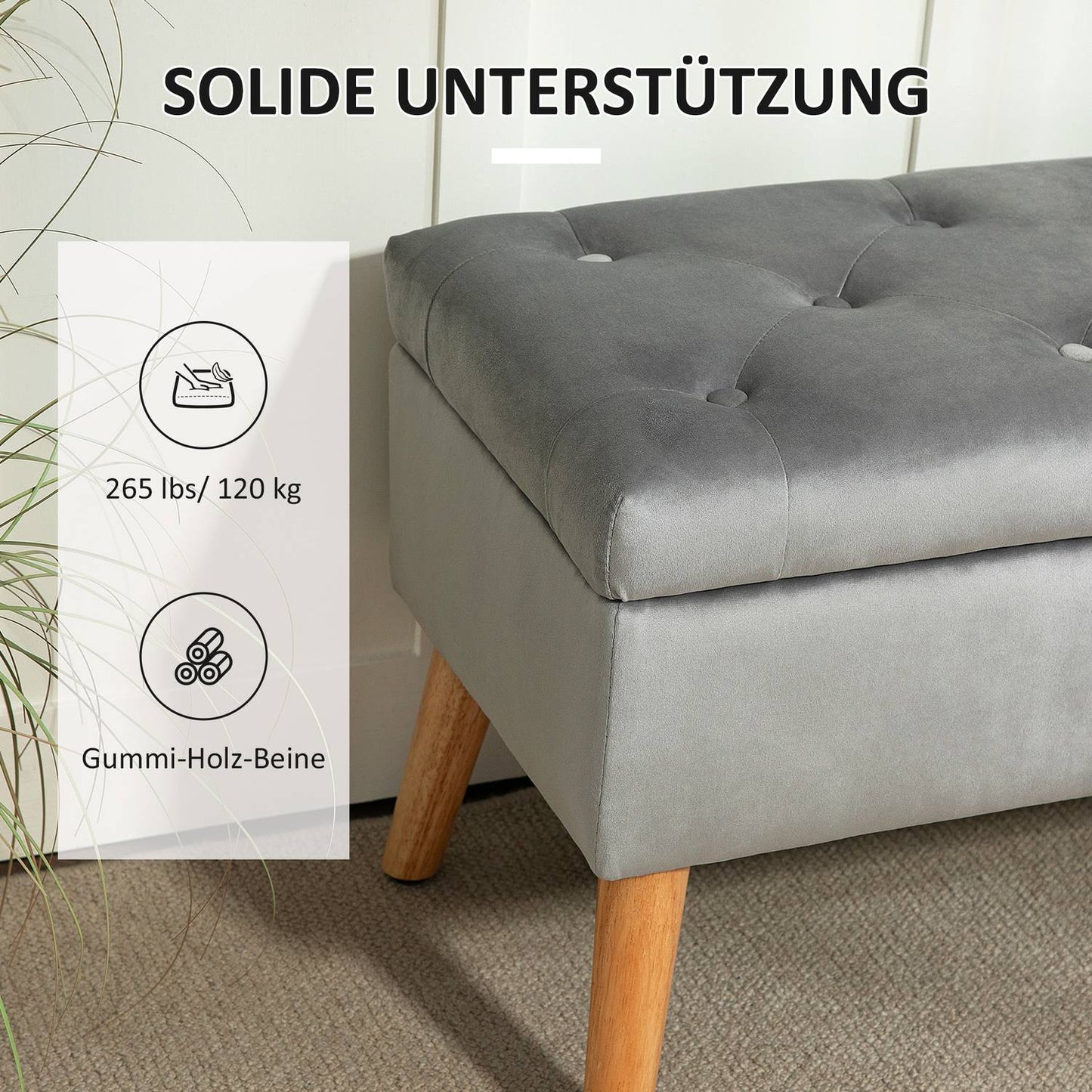 Storage bench with lid, Gray Velvet Look, 102 x 35 x 43 cm