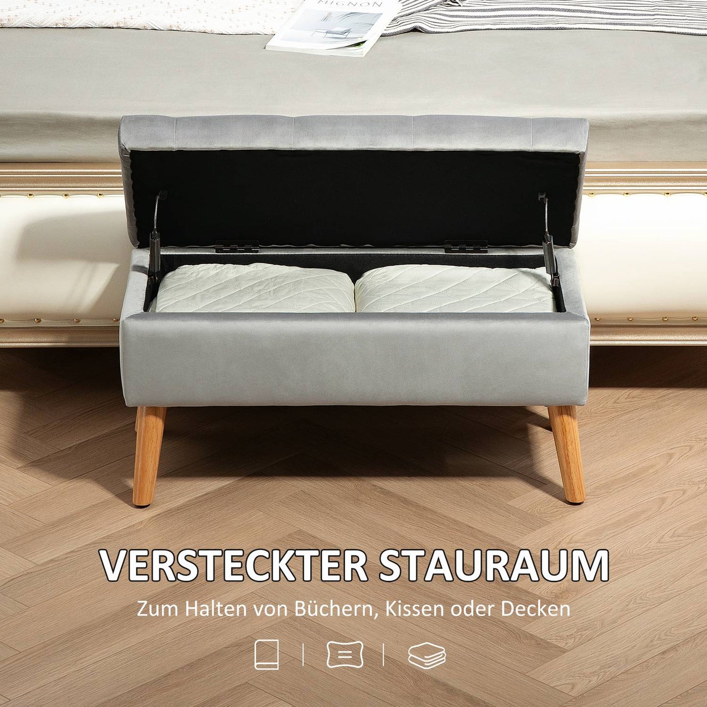 Storage bench with lid, Gray Velvet Look, 102 x 35 x 43 cm
