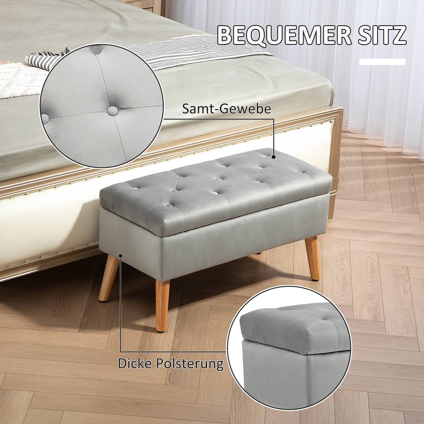 Storage bench with lid, Gray Velvet Look, 102 x 35 x 43 cm