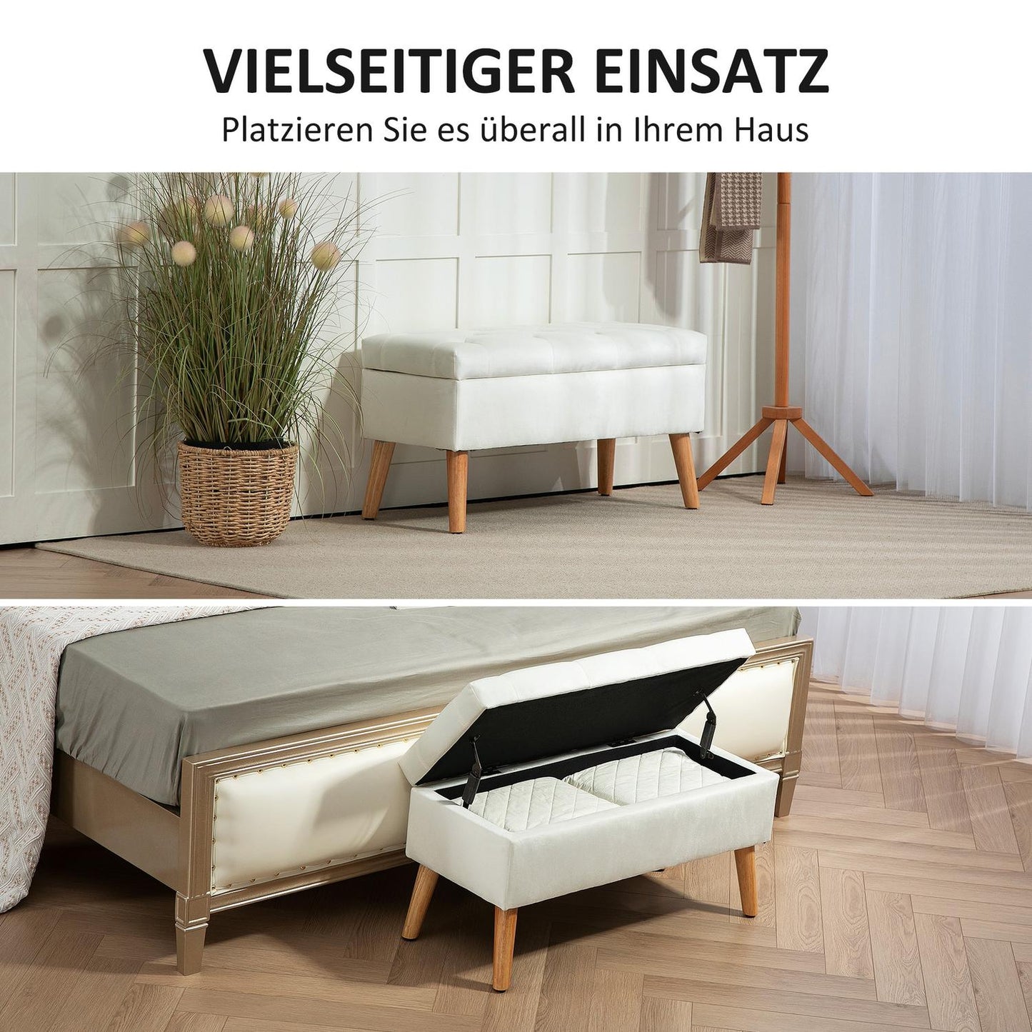 Upholstered storage bench in velvet look, 102x35x43 cm, White