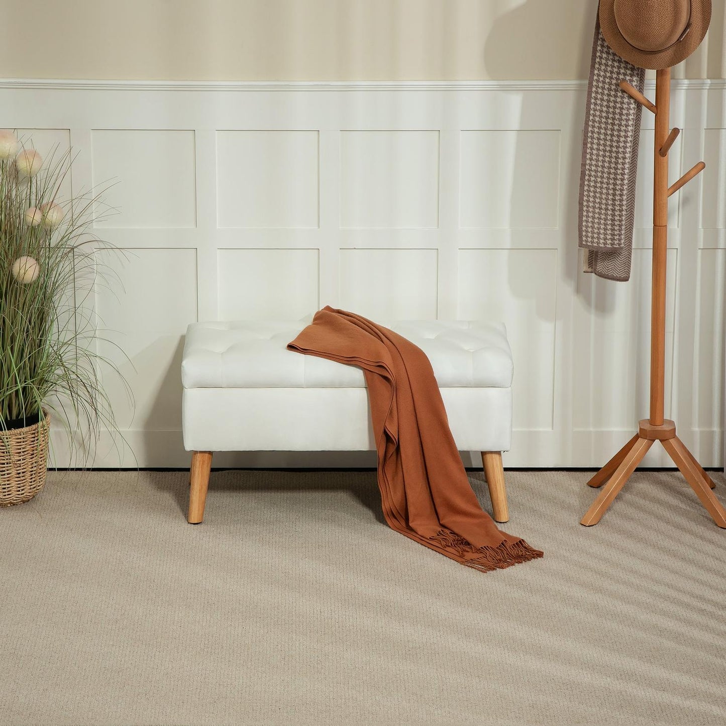 Upholstered storage bench in velvet look, 102x35x43 cm, White