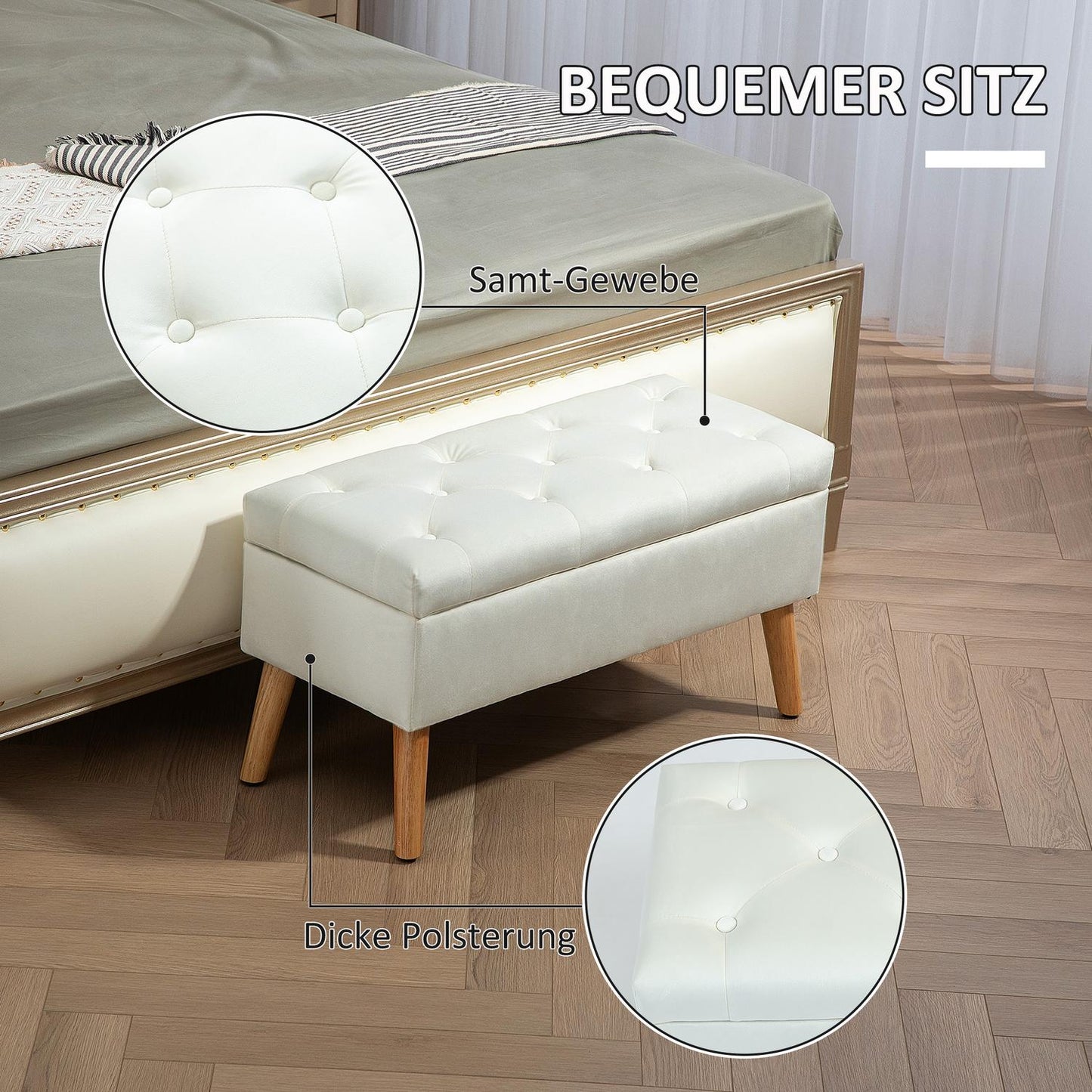 Upholstered storage bench in velvet look, 102x35x43 cm, White