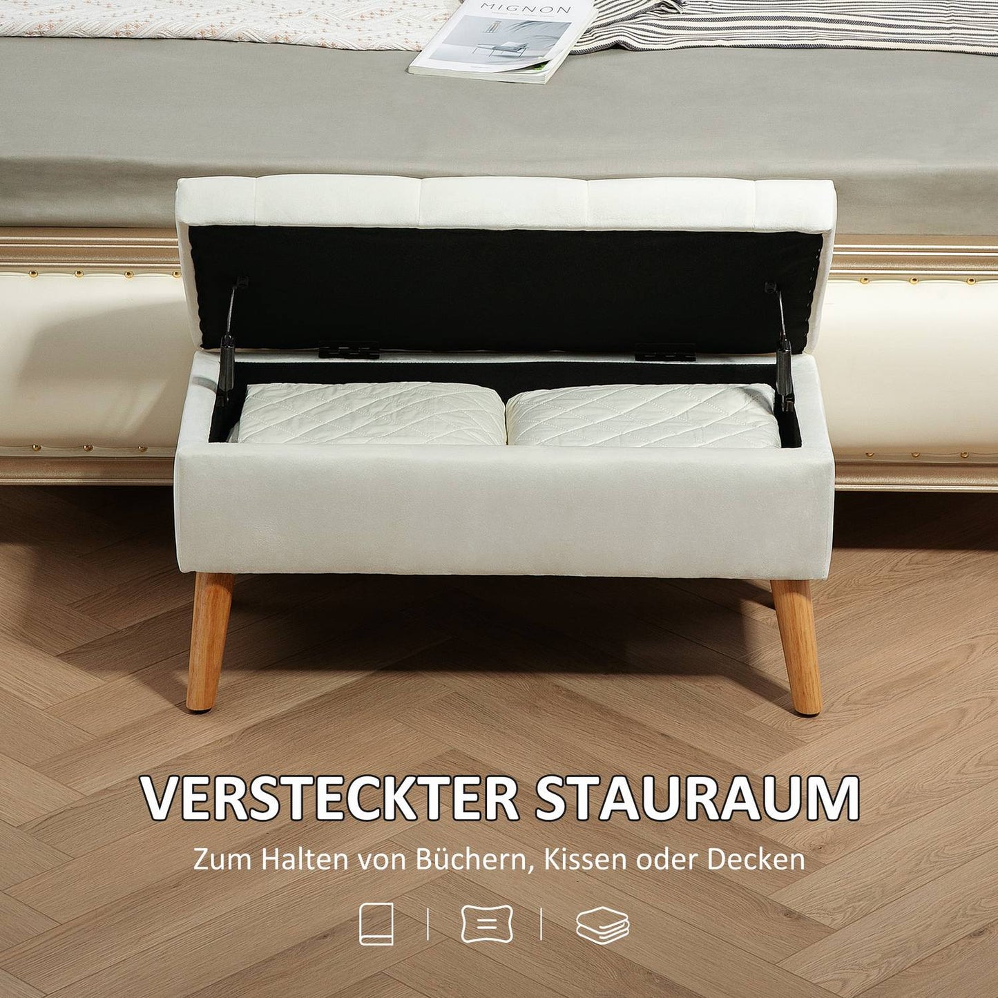 Upholstered storage bench in velvet look, 102x35x43 cm, White