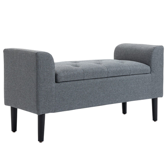 Light gray upholstered bench, linen look, wooden legs, 130 kg capacity