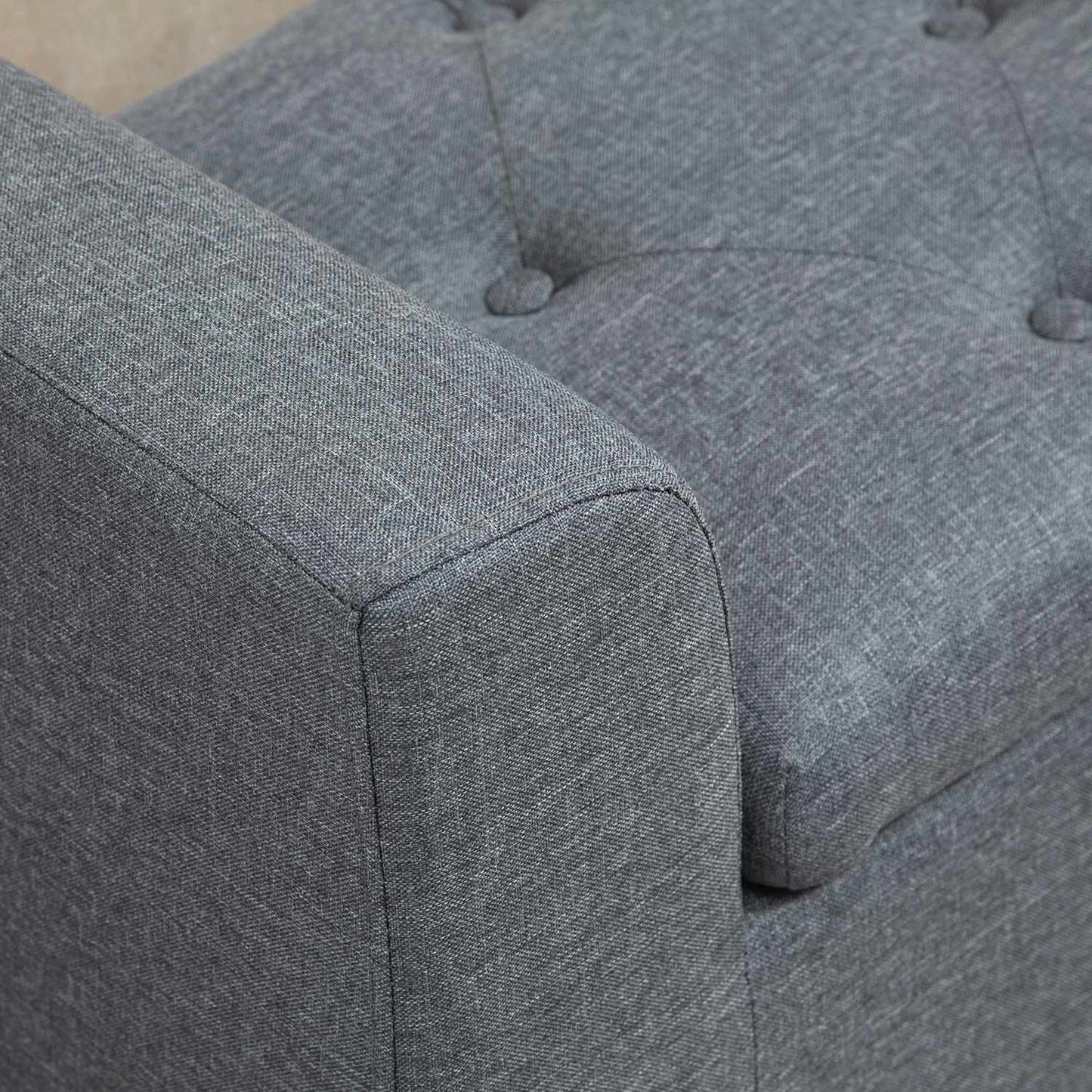 Light gray upholstered bench, linen look, wooden legs, 130 kg capacity