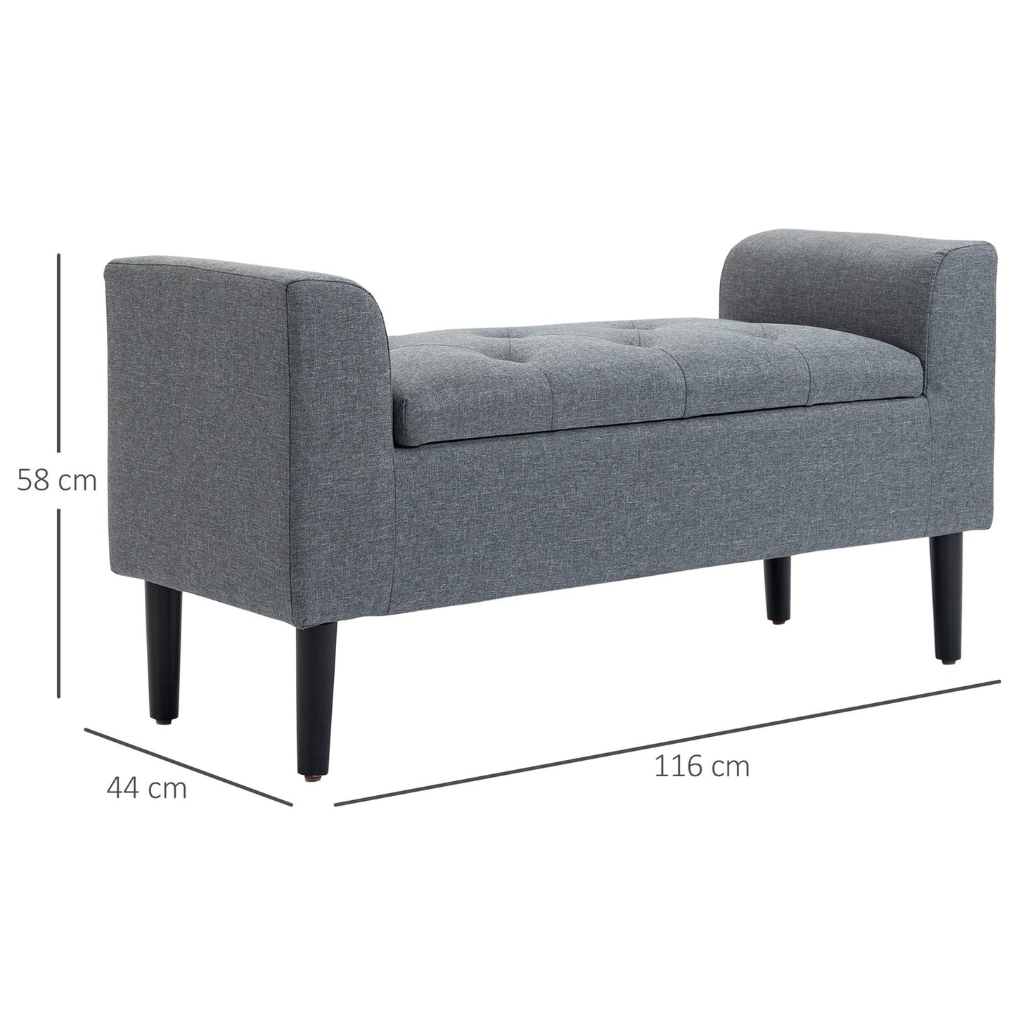 Light gray upholstered bench, linen look, wooden legs, 130 kg capacity