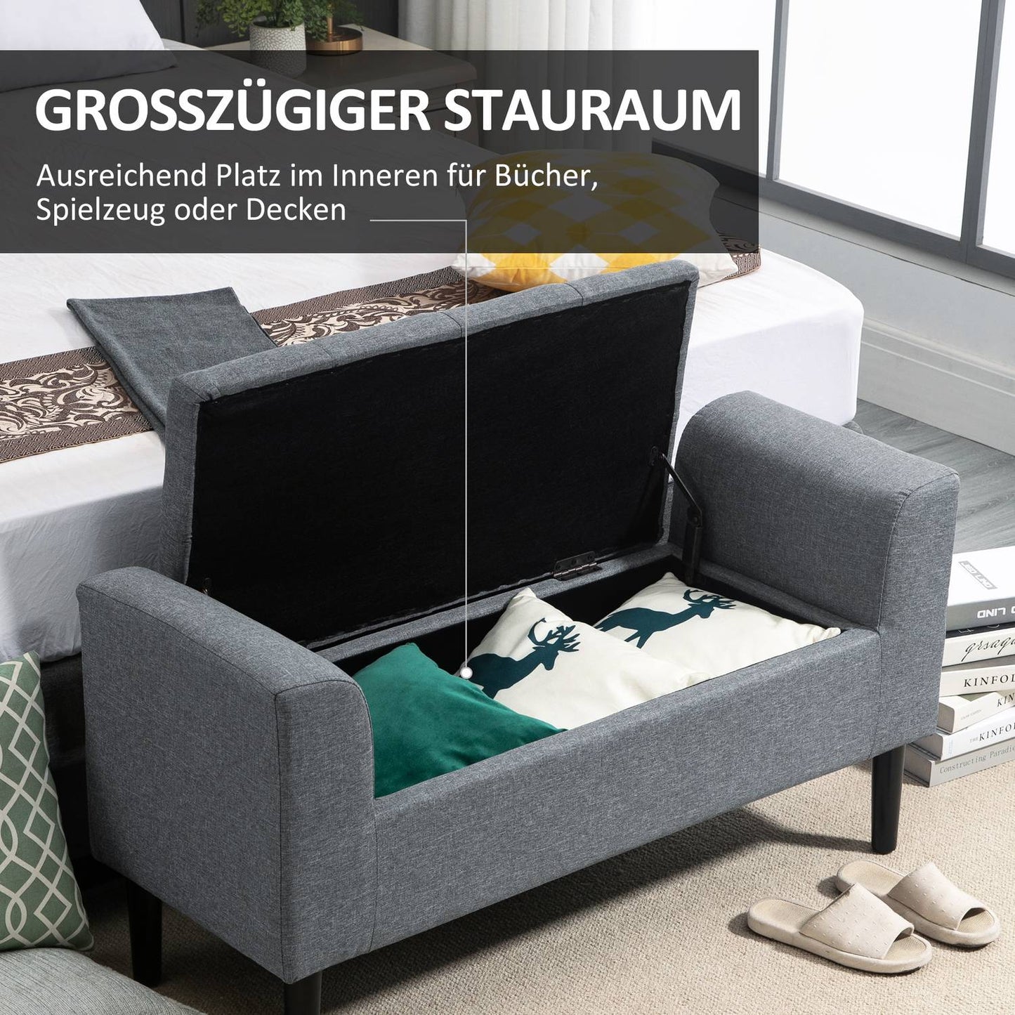 Light gray upholstered bench, linen look, wooden legs, 130 kg capacity