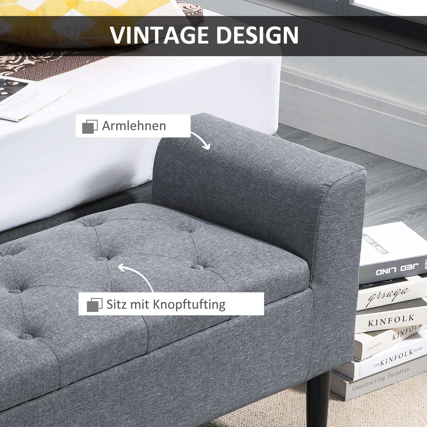 Light gray upholstered bench, linen look, wooden legs, 130 kg capacity