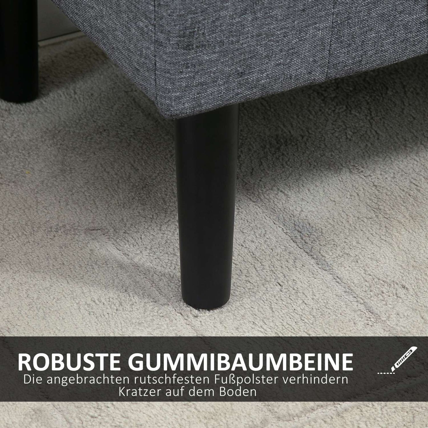 Light gray upholstered bench, linen look, wooden legs, 130 kg capacity