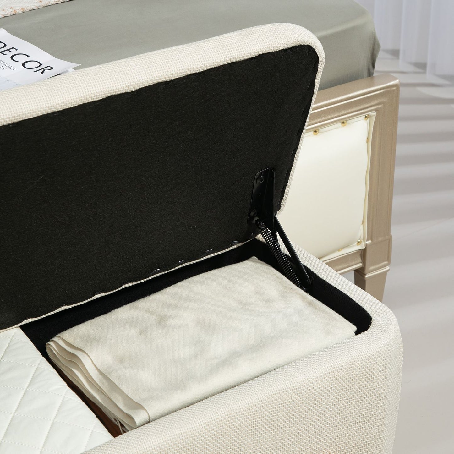 Upholstered bench with storage, linen look, wooden legs