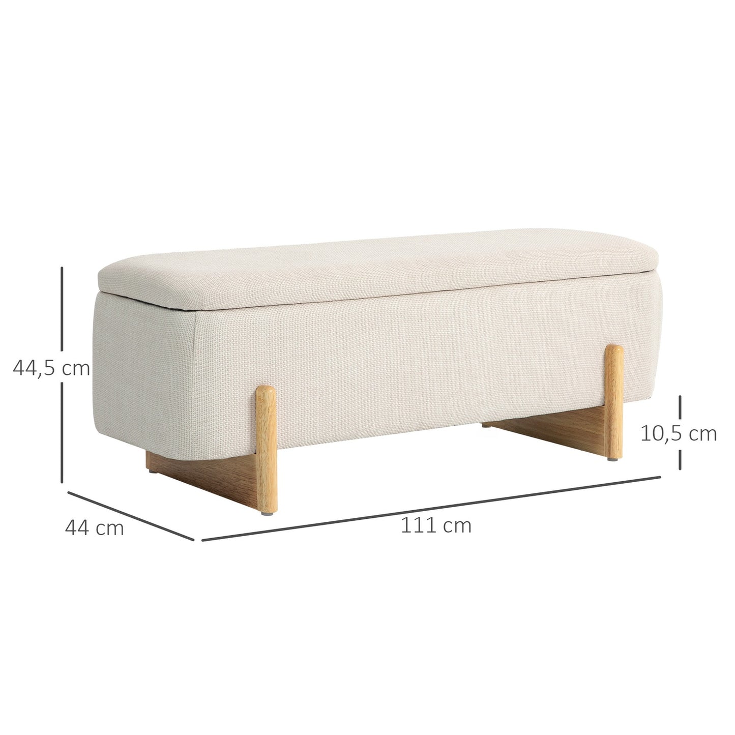 Upholstered bench with storage, linen look, wooden legs