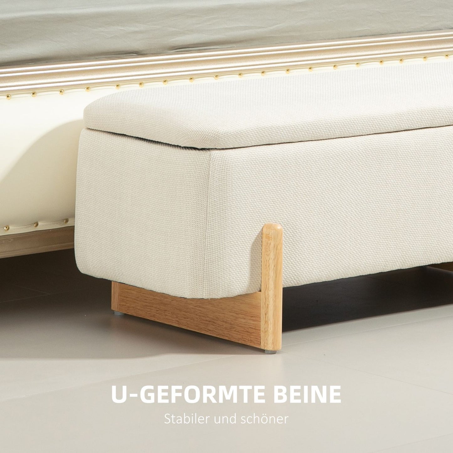Upholstered bench with storage, linen look, wooden legs