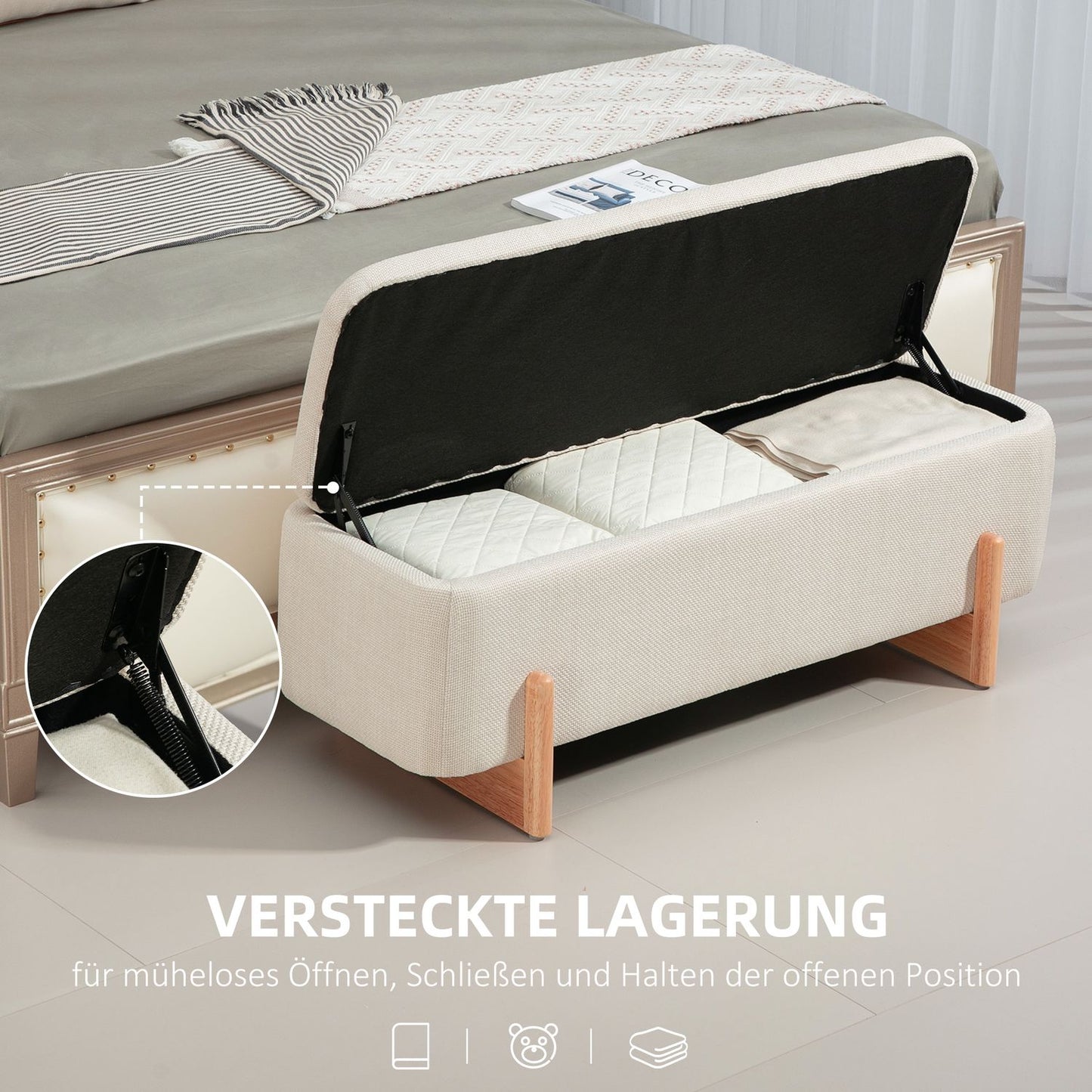 Upholstered bench with storage, linen look, wooden legs