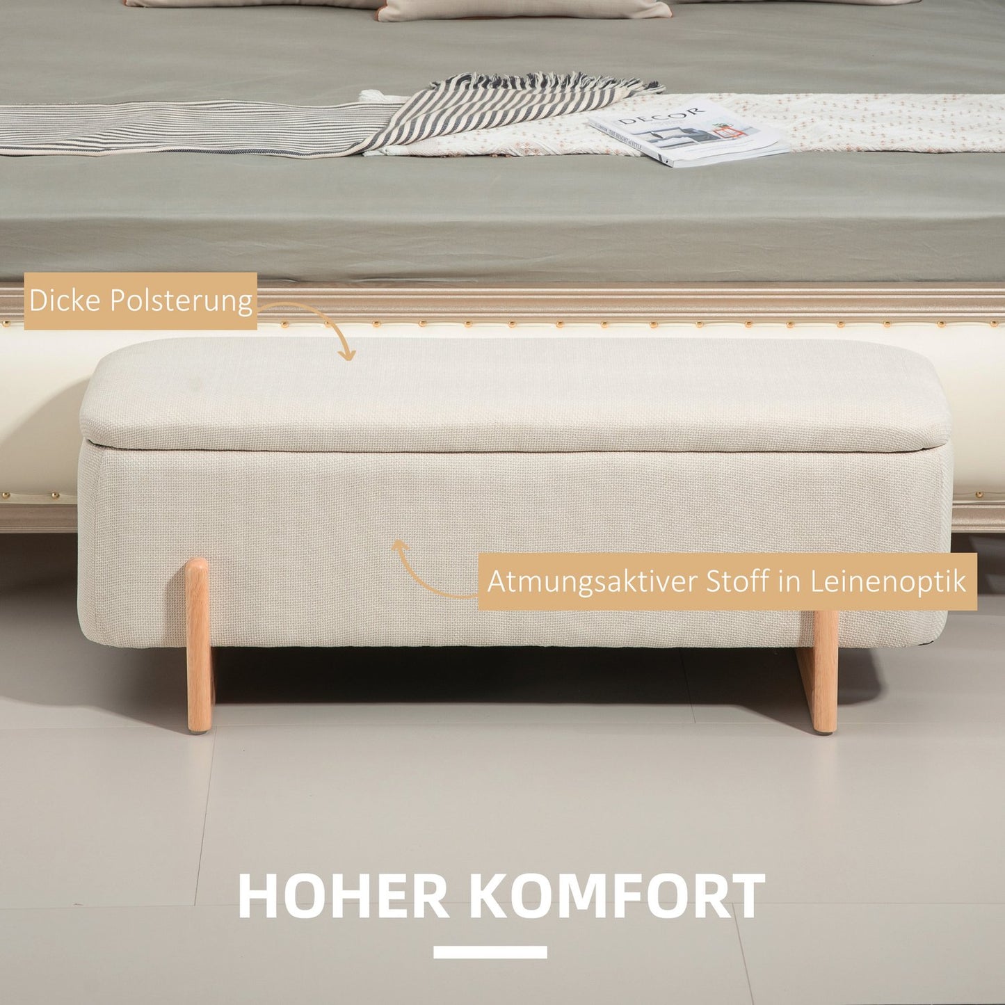 Upholstered bench with storage, linen look, wooden legs