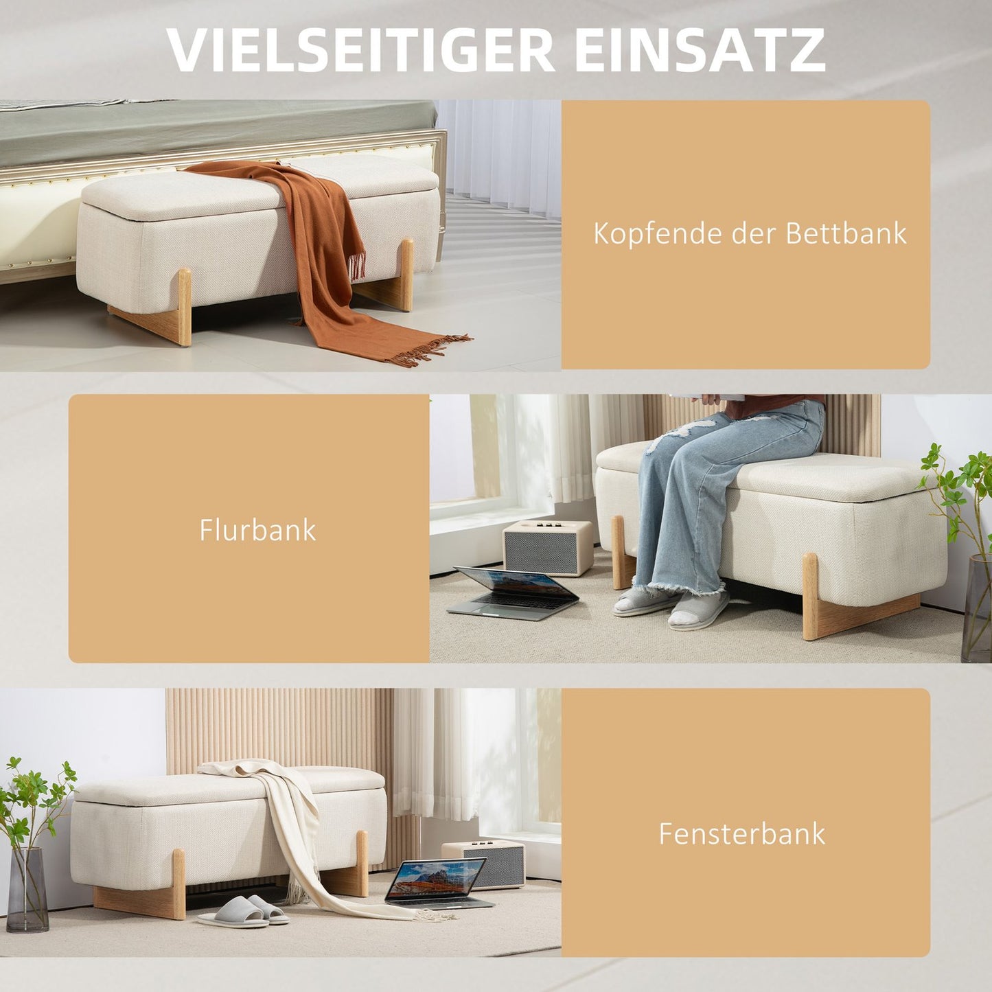 Upholstered bench with storage, linen look, wooden legs