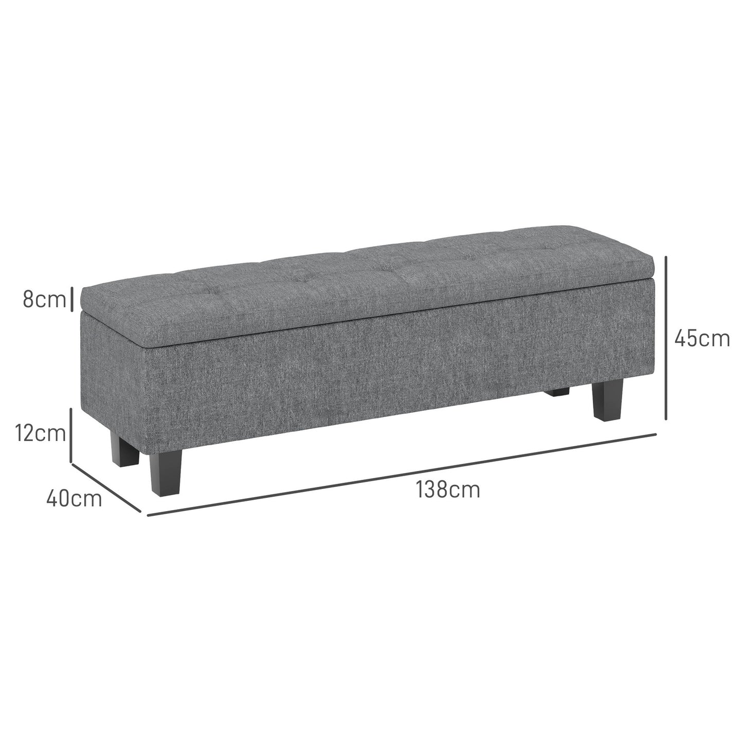 Upholstered storage bench, dark grey, wooden legs, 138x40x45 cm