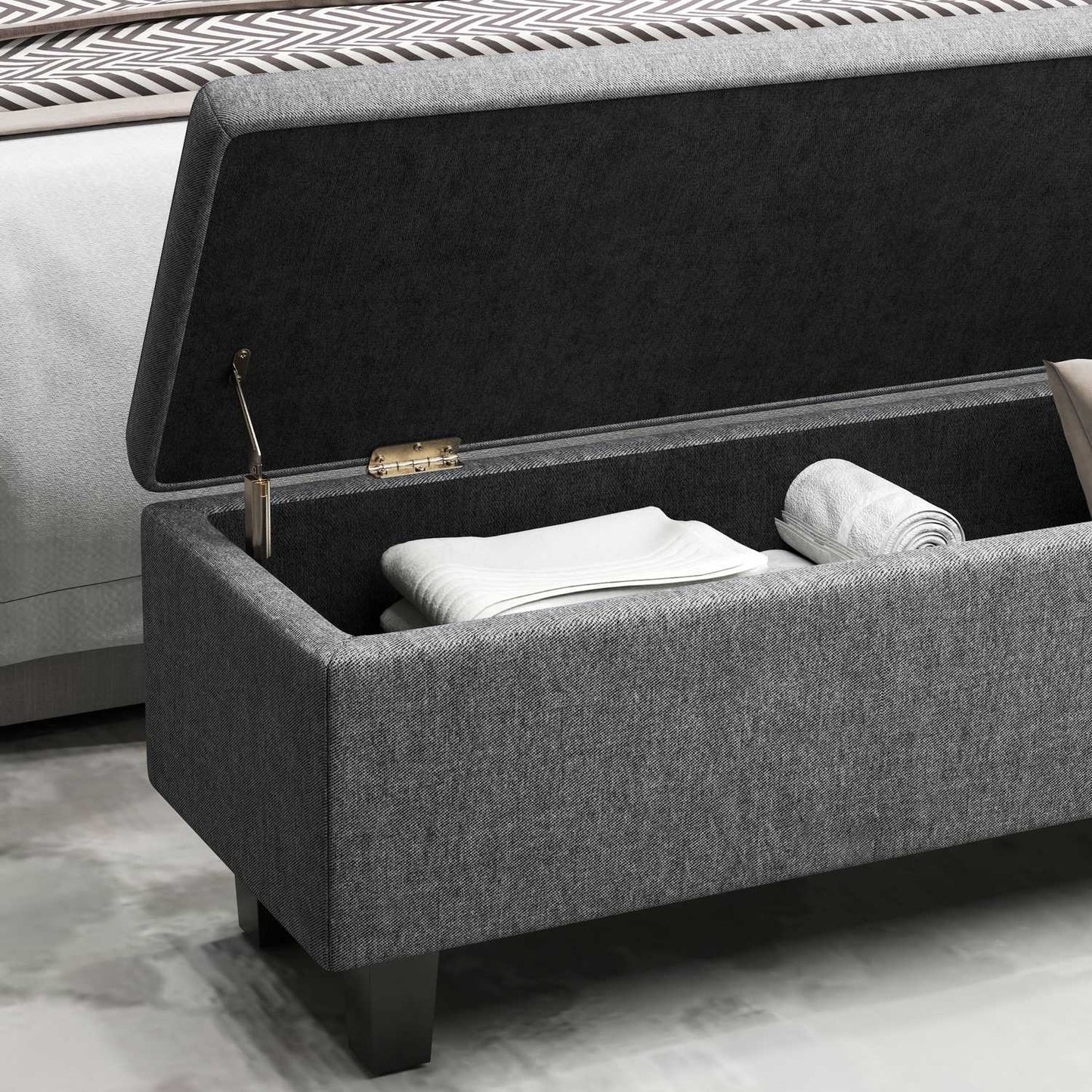 Upholstered storage bench, dark grey, wooden legs, 138x40x45 cm