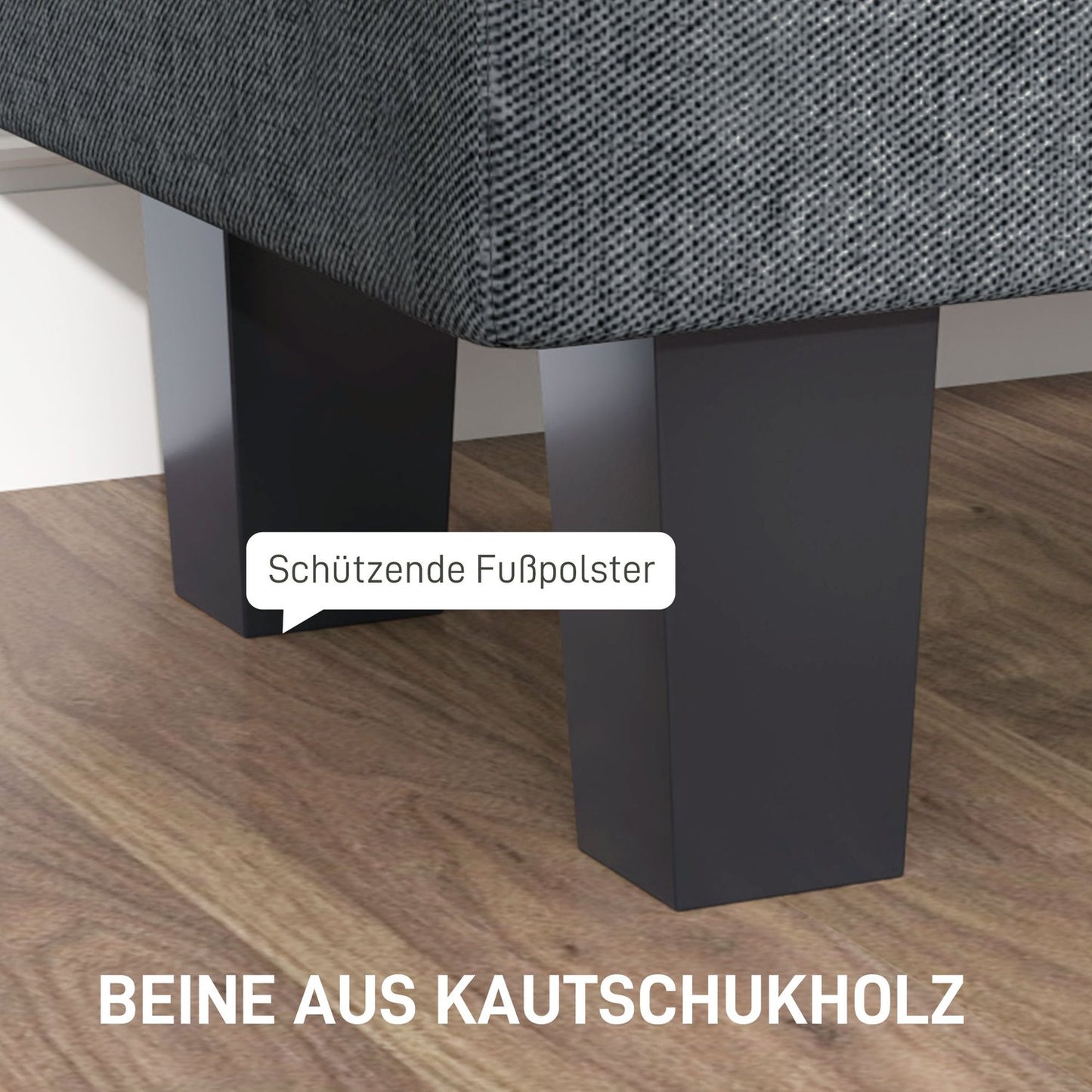 Upholstered storage bench, dark grey, wooden legs, 138x40x45 cm