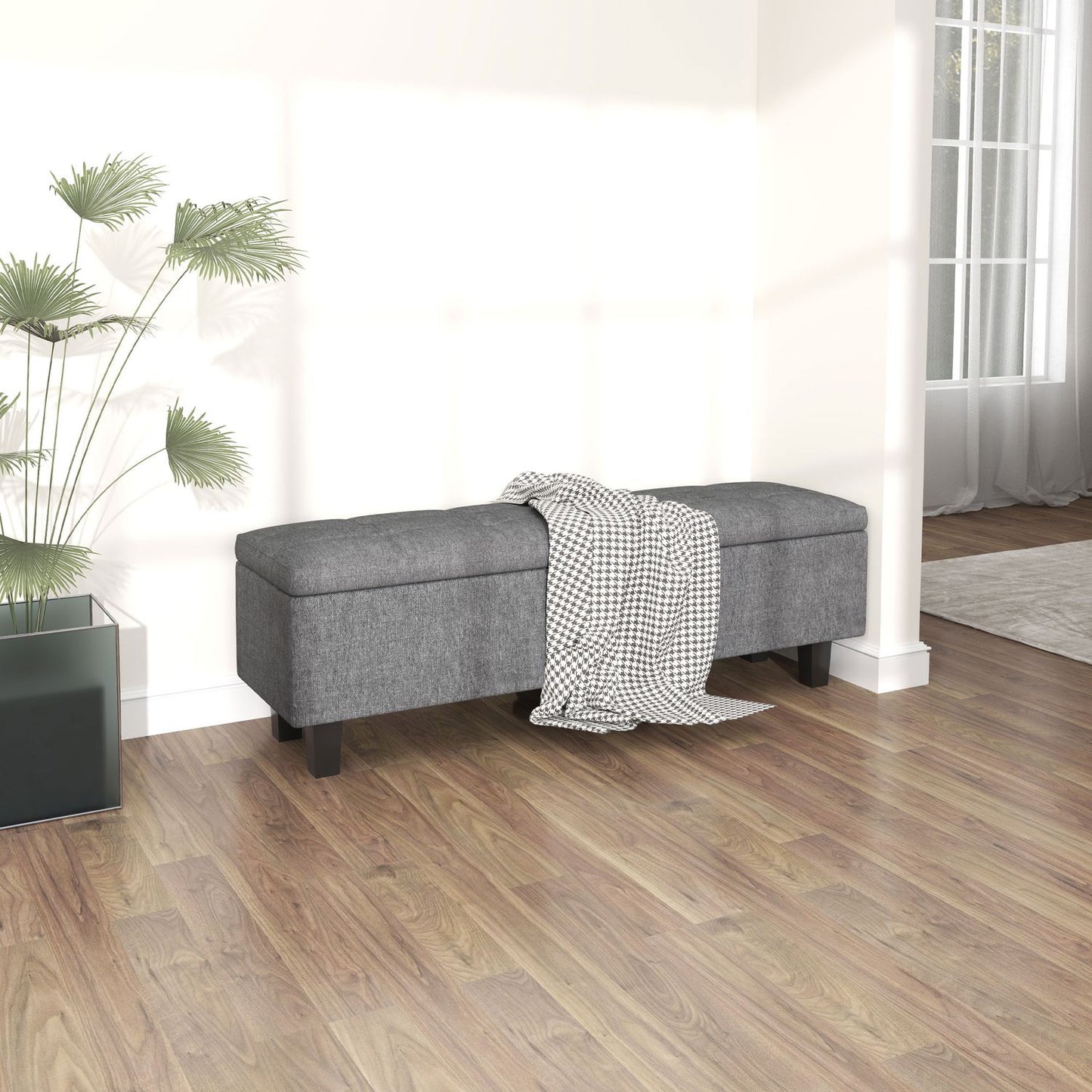 Upholstered storage bench, dark grey, wooden legs, 138x40x45 cm