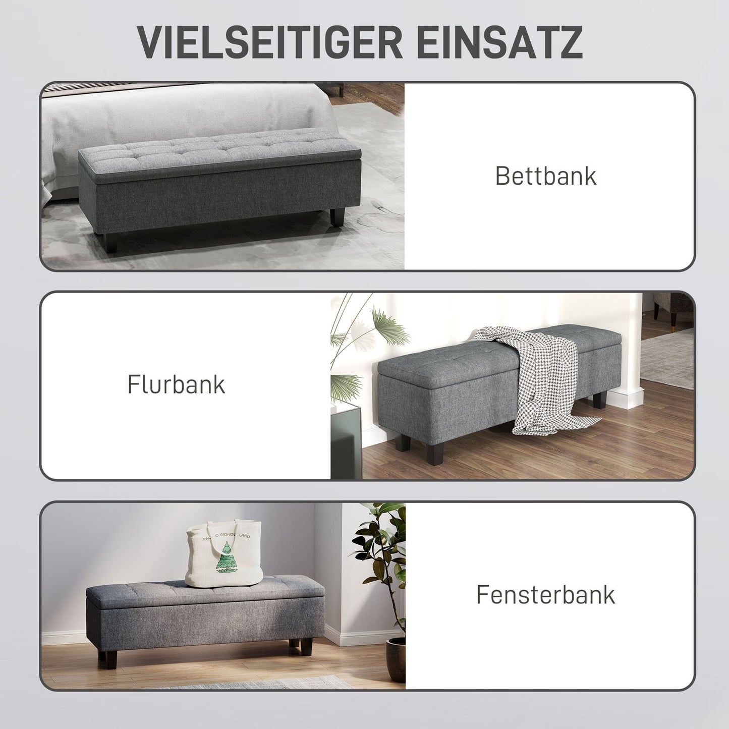 Upholstered storage bench, dark grey, wooden legs, 138x40x45 cm