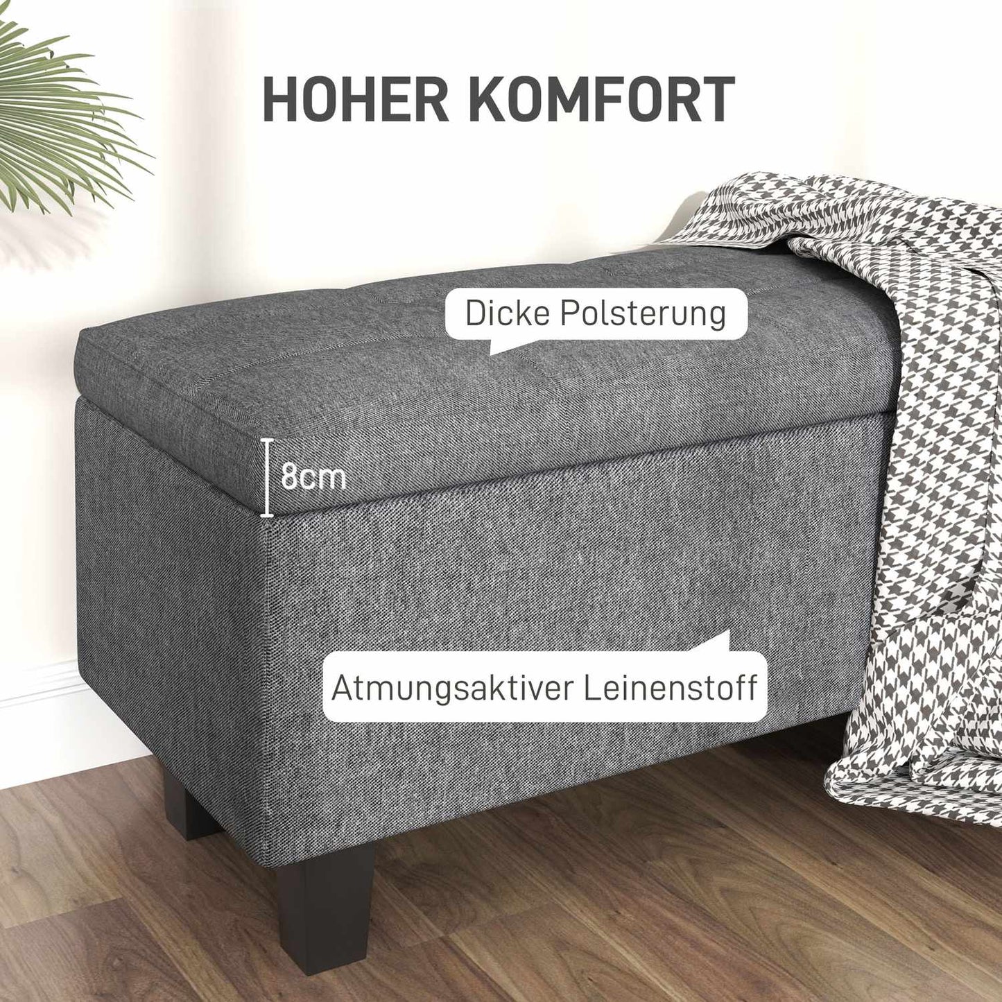 Upholstered storage bench, dark grey, wooden legs, 138x40x45 cm