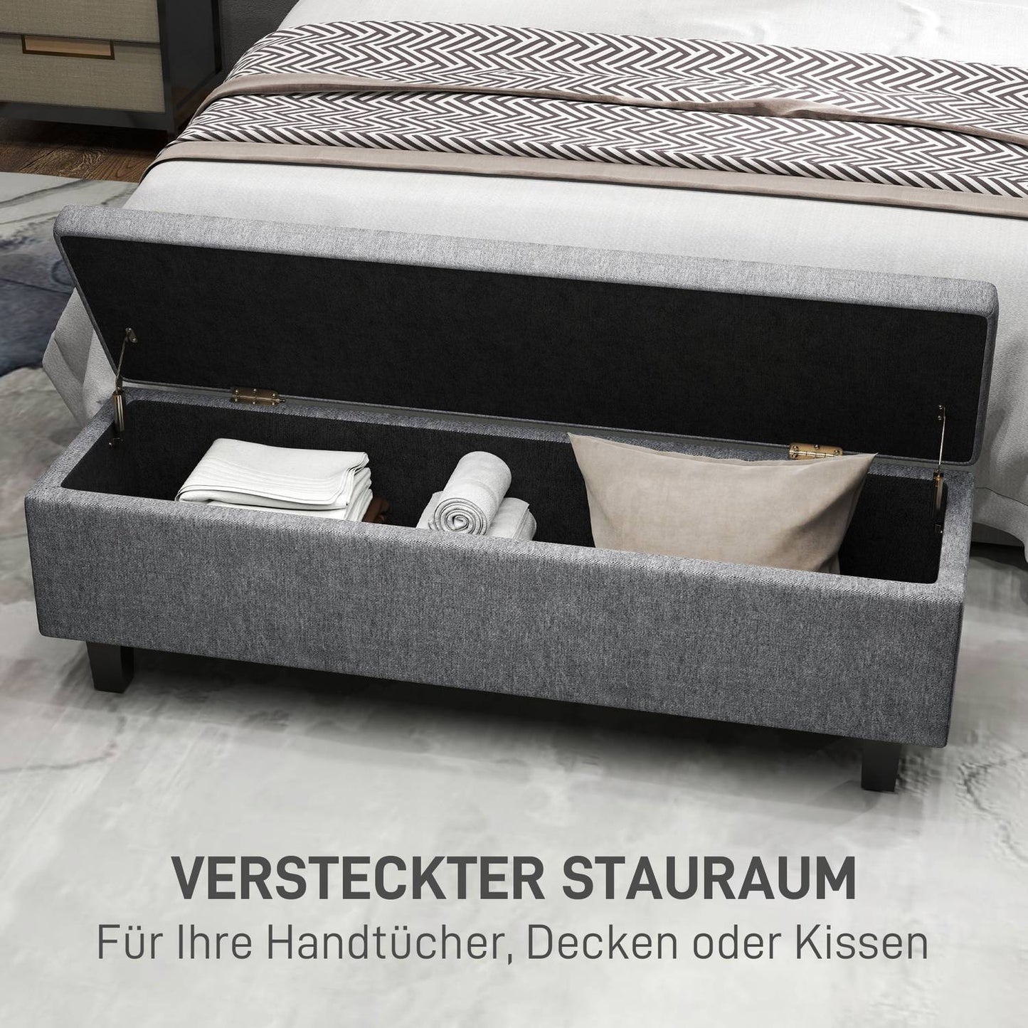 Upholstered storage bench, dark grey, wooden legs, 138x40x45 cm