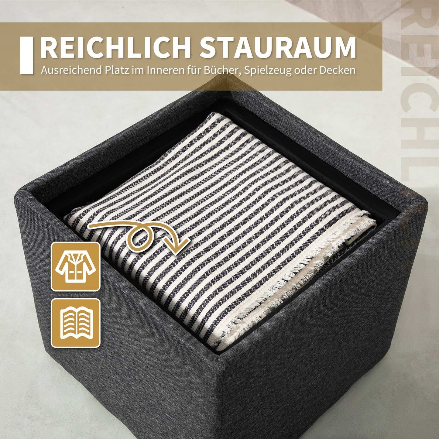 Storage bench, upholstered with removable cover, dark grey