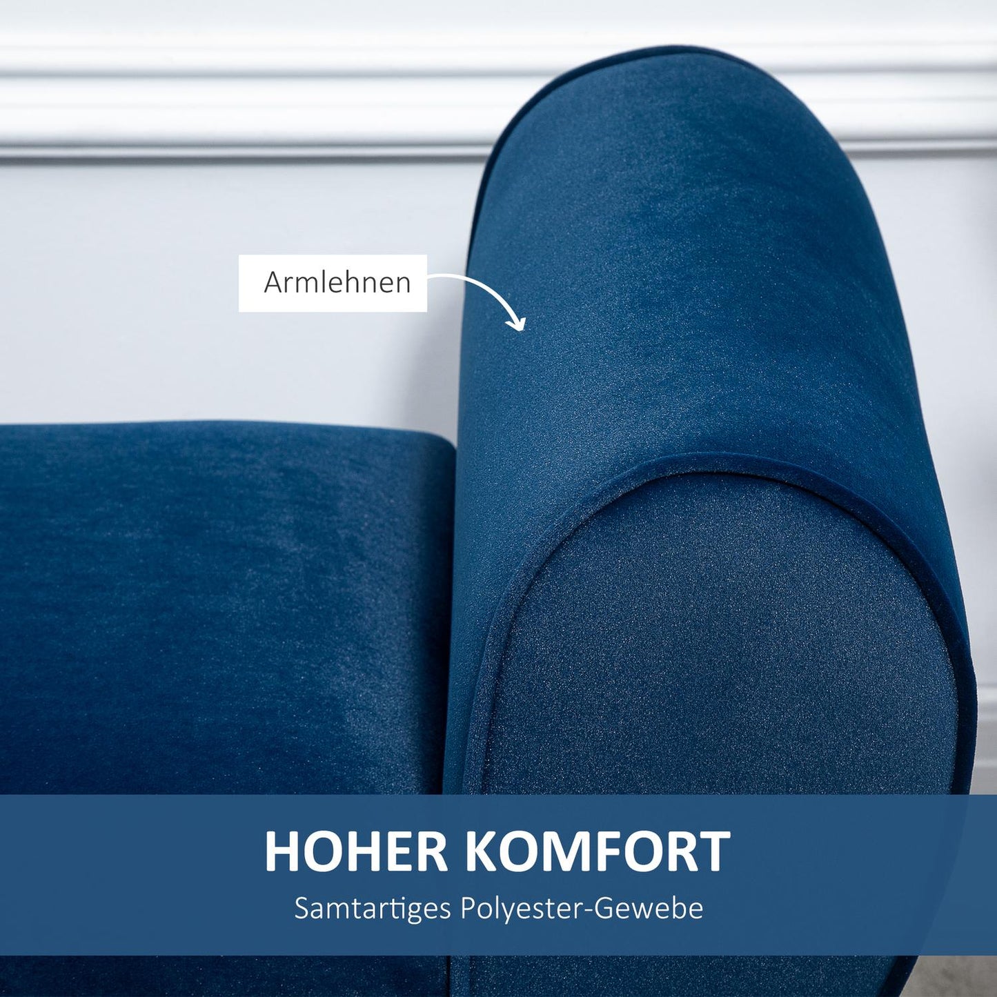 Velvet-covered bench, Dark blue, 118 x 42 x 66 cm