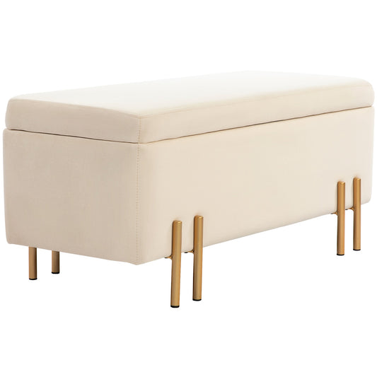 Beige velvet covered storage bench with wooden legs
