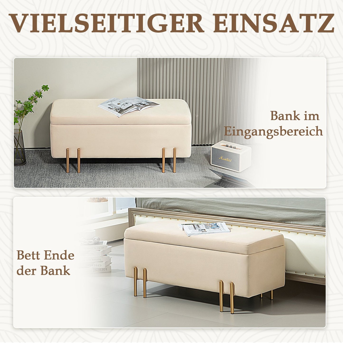 Beige velvet covered storage bench with wooden legs