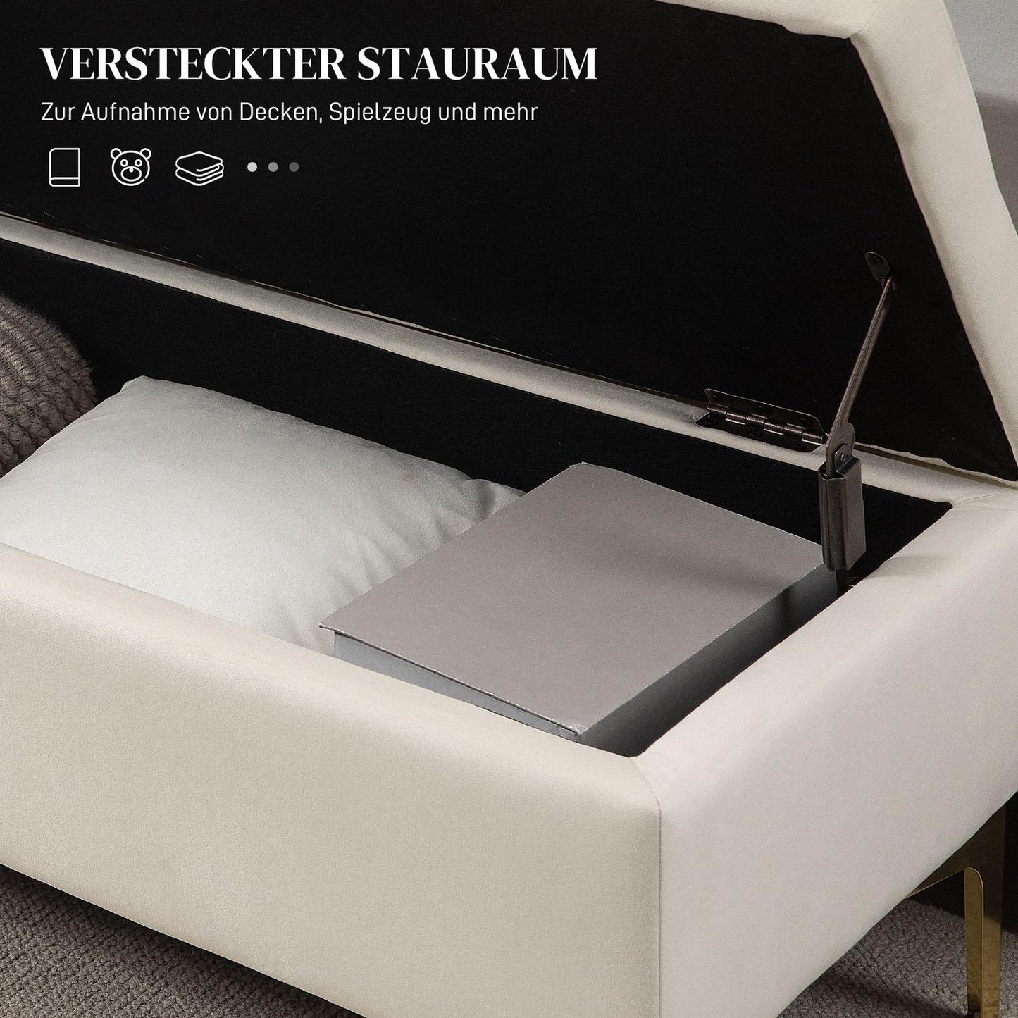 Upholstered velvet bench with metal legs, 120cm – Beige
