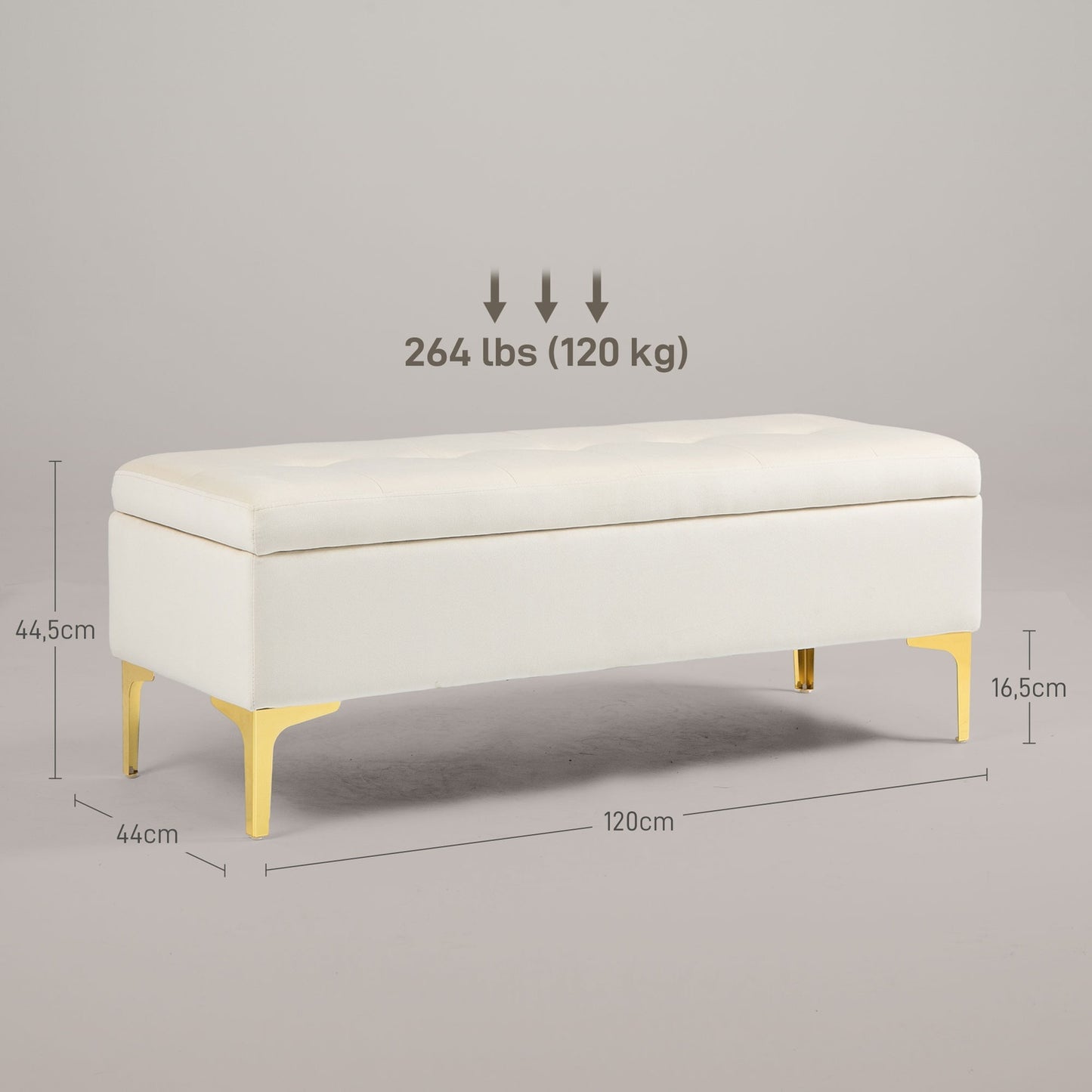 Upholstered velvet bench with metal legs, 120cm – Beige