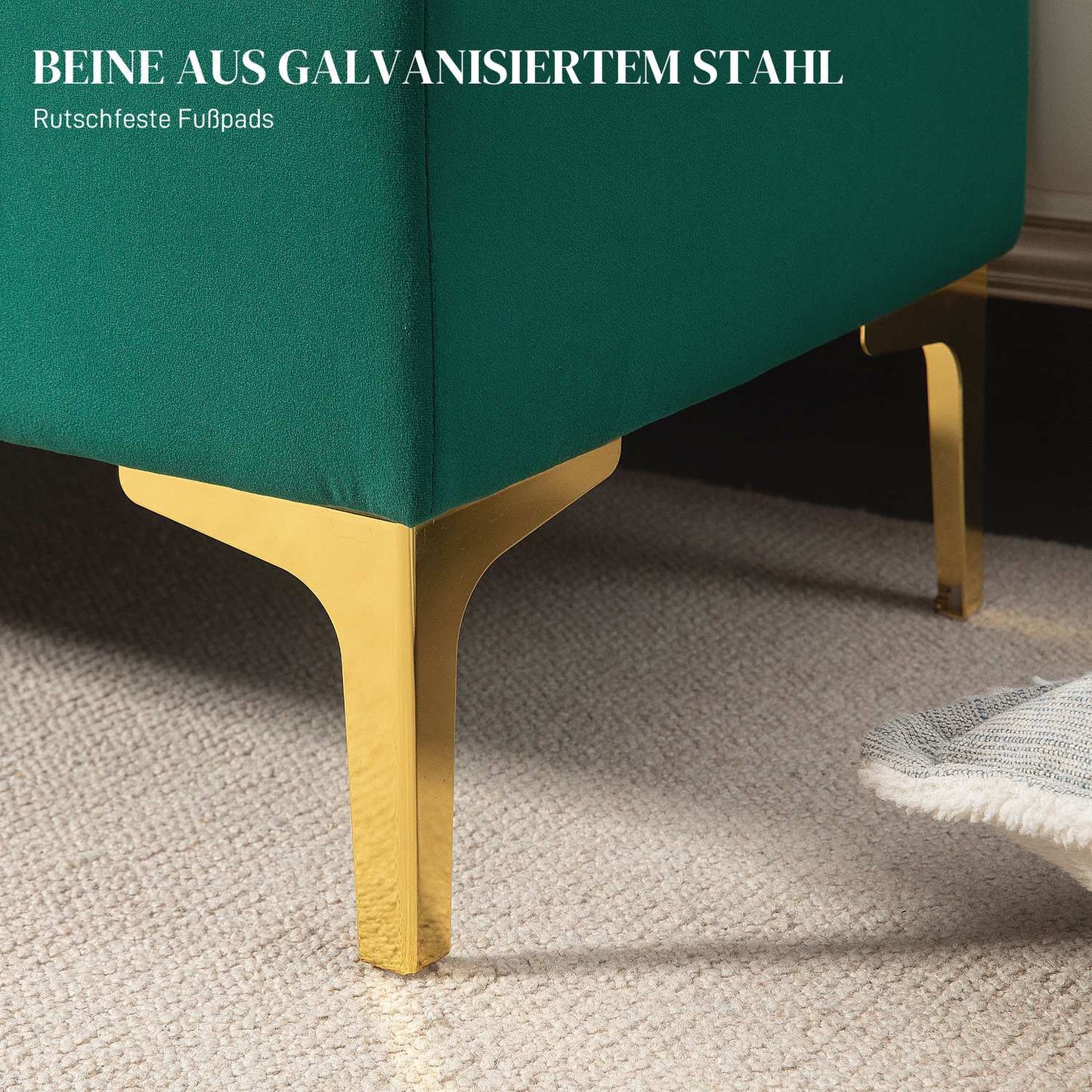 Velvet-covered bench, metal legs, 120x44x44.5 cm, green