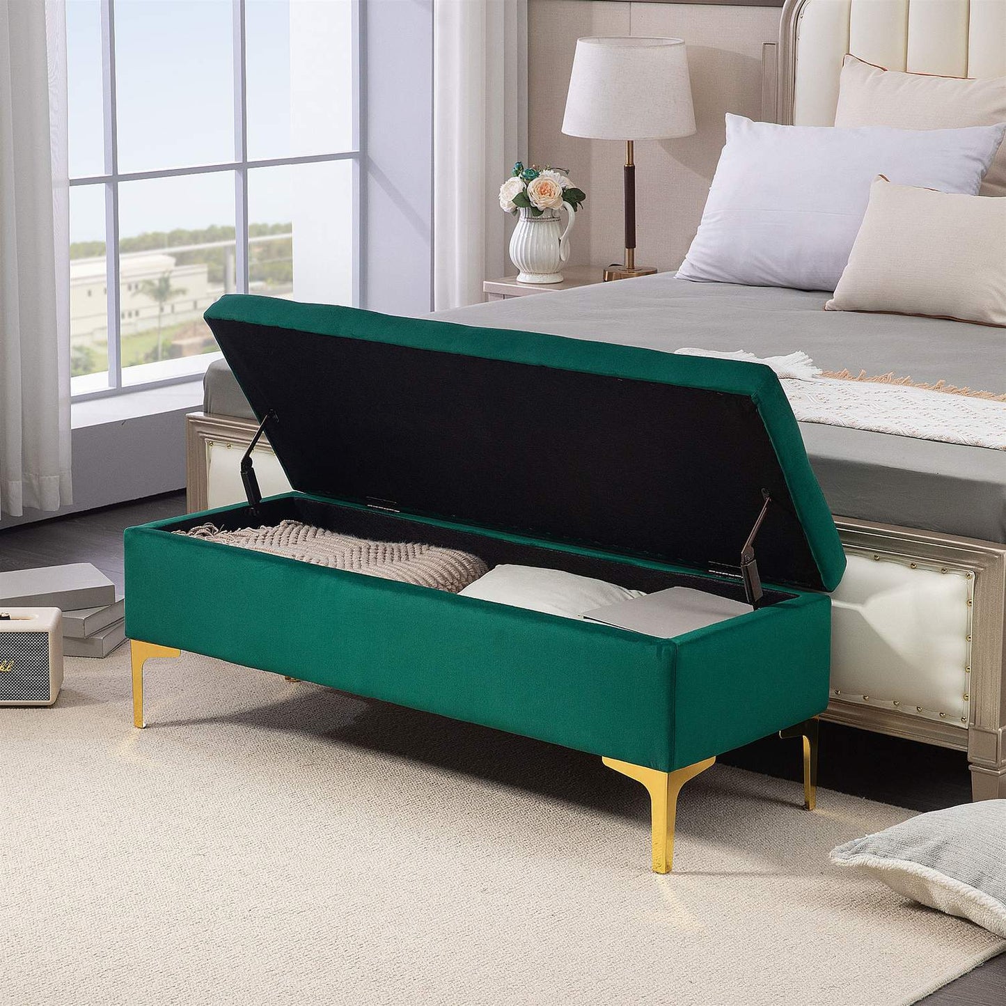 Velvet-covered bench, metal legs, 120x44x44.5 cm, green