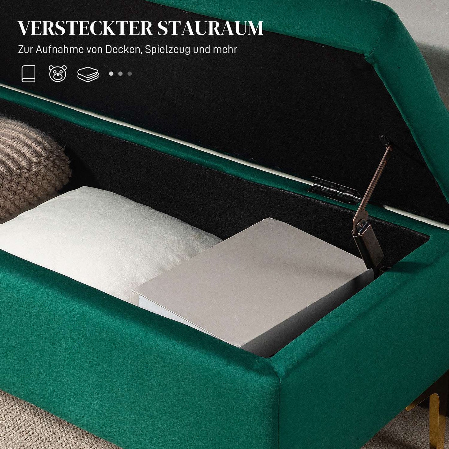 Velvet-covered bench, metal legs, 120x44x44.5 cm, green
