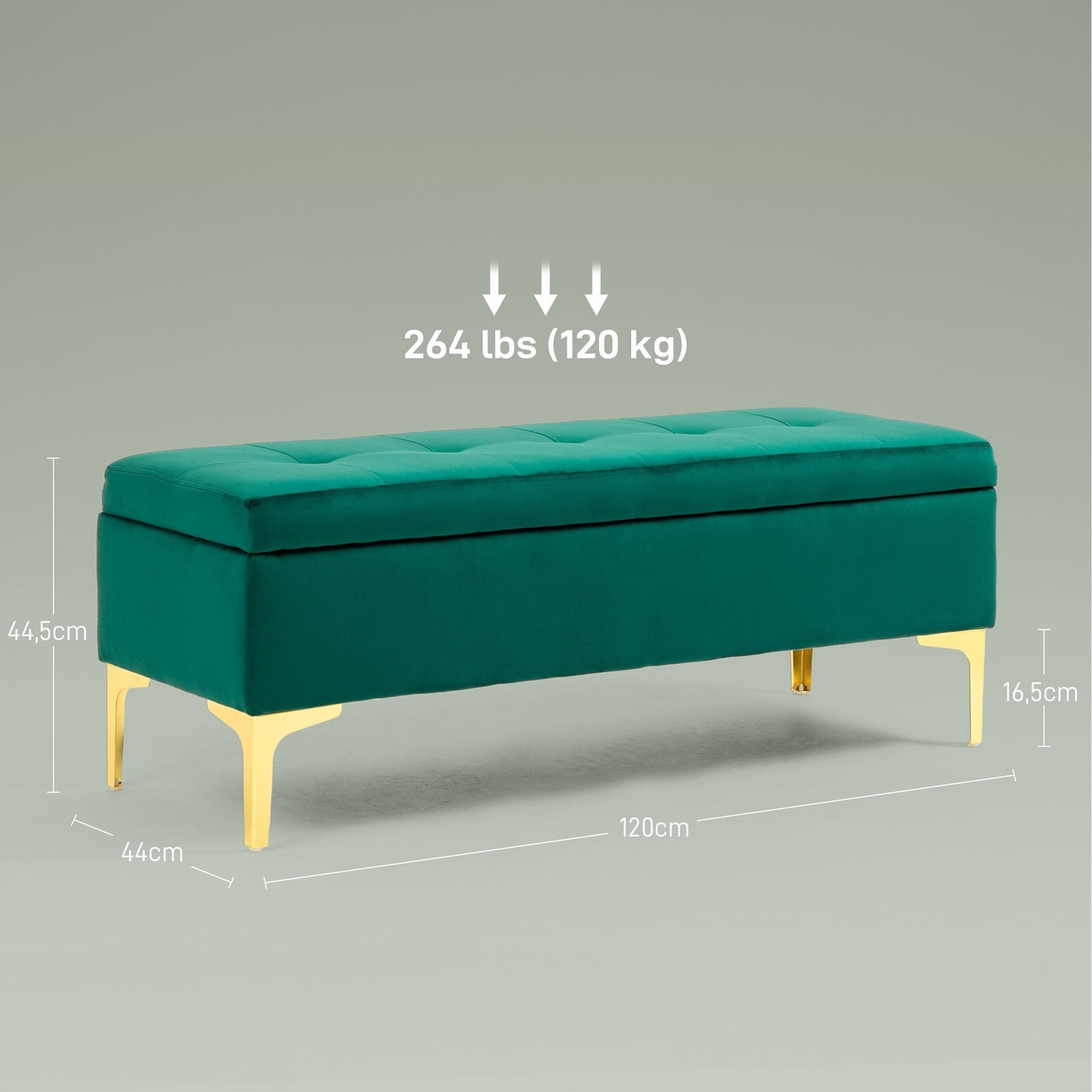 Velvet-covered bench, metal legs, 120x44x44.5 cm, green