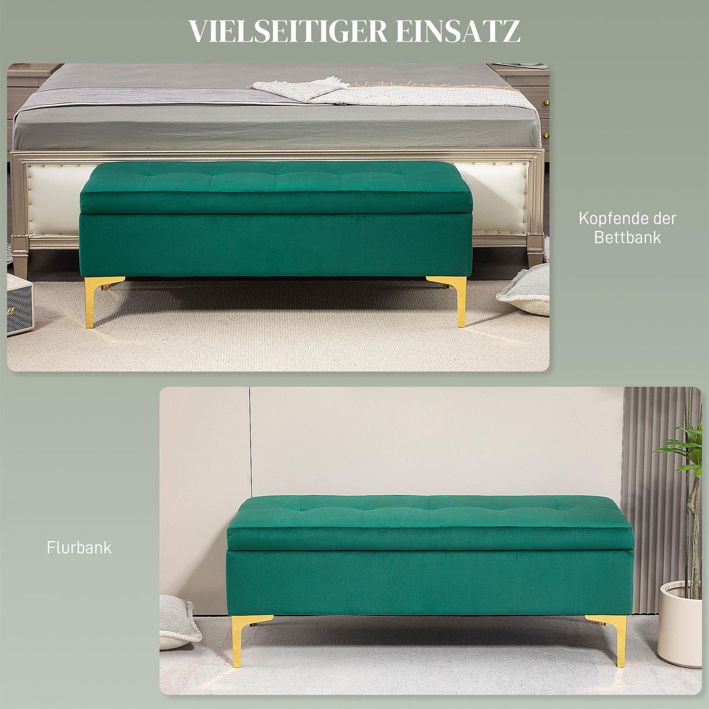 Velvet-covered bench, metal legs, 120x44x44.5 cm, green